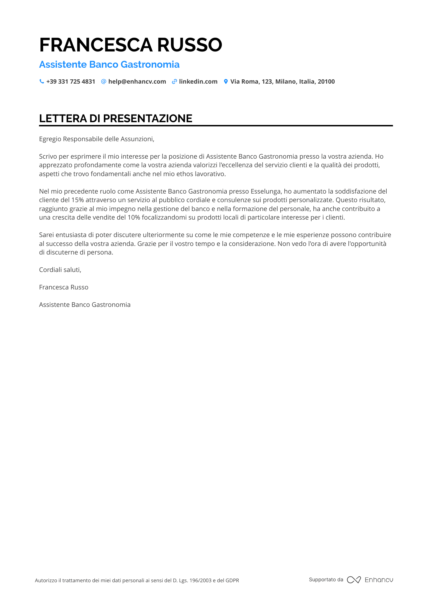 Addetto Vendite Eurospin Resume Example