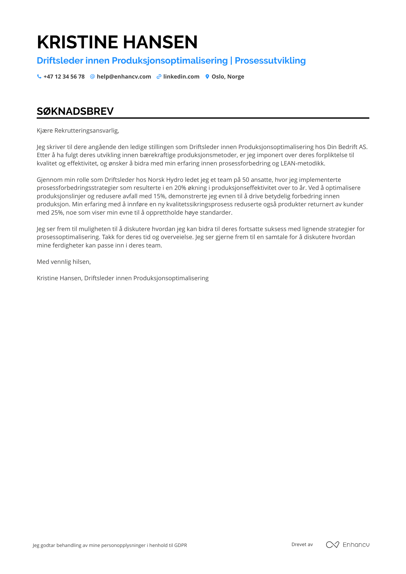 Søknadsbrev for Produksjon Driftsleder Resume Example