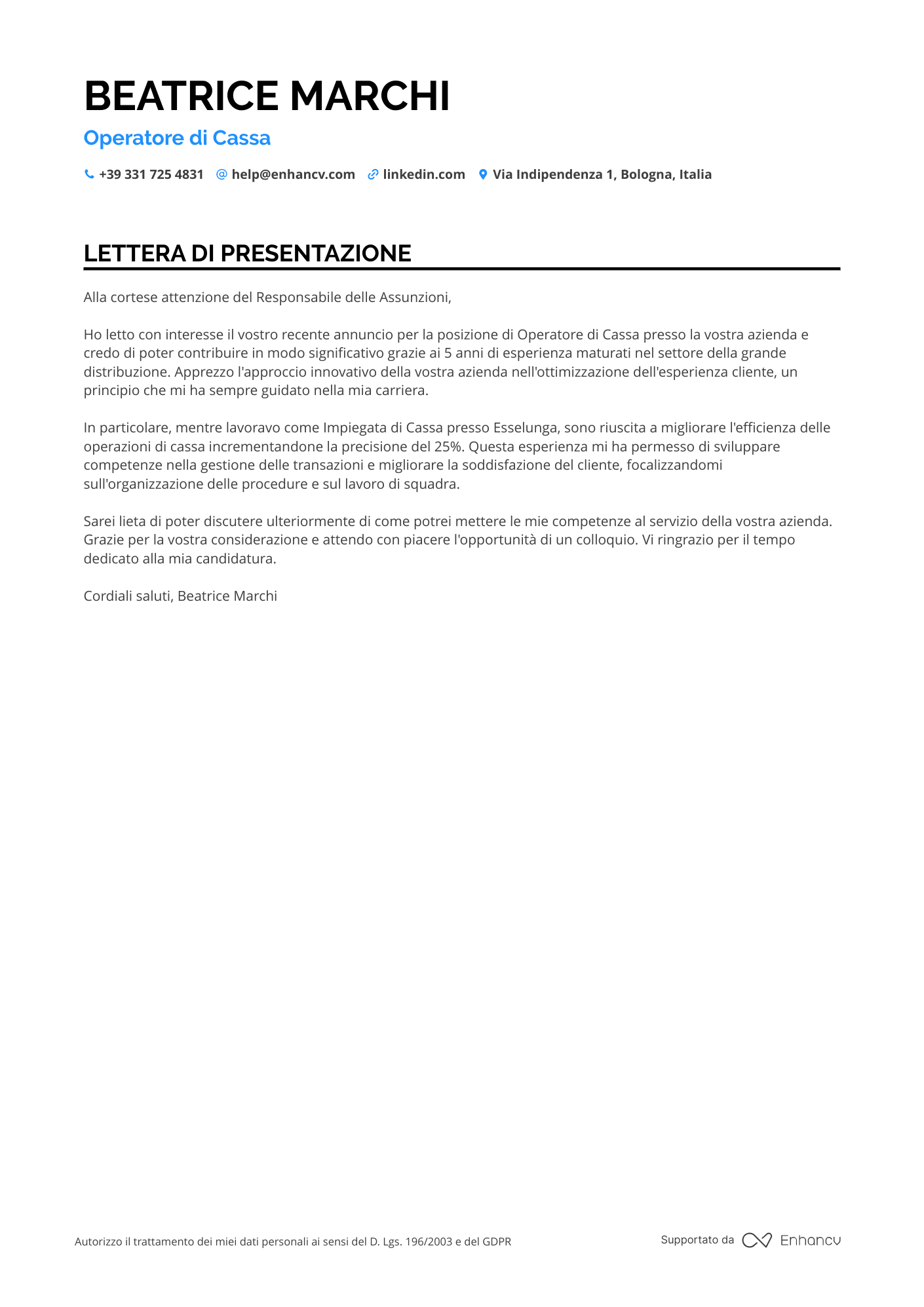 Cassiera di Supermercato Resume Example
