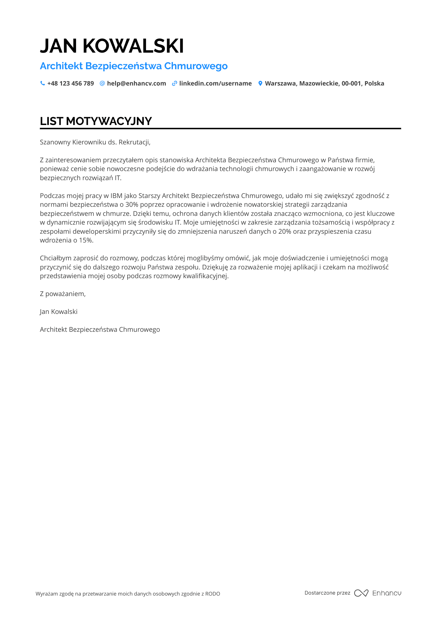 List motywacyjny dla Architekt bezpieczeństwa chmurowego Resume Example