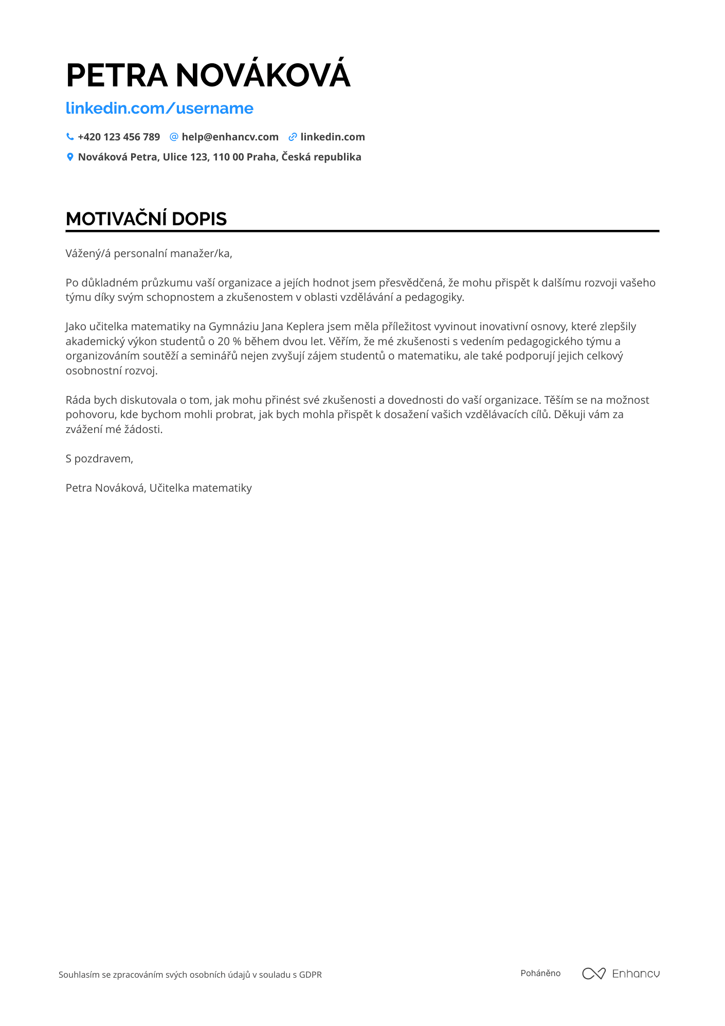 Motivační dopis pro Zkušený učitel matematiky Resume Example