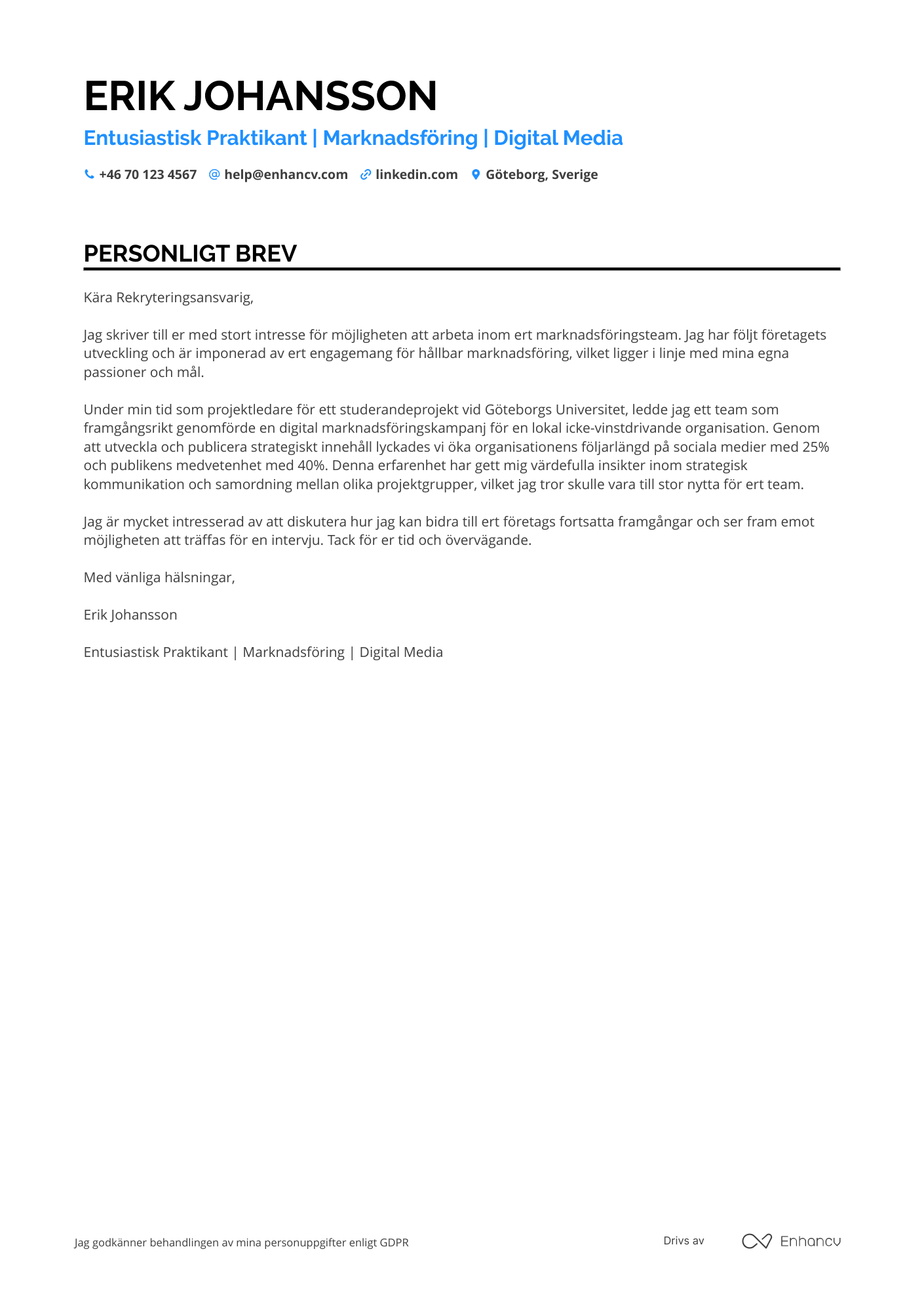 Personligt brev för Praktikant im Marketing Resume Example