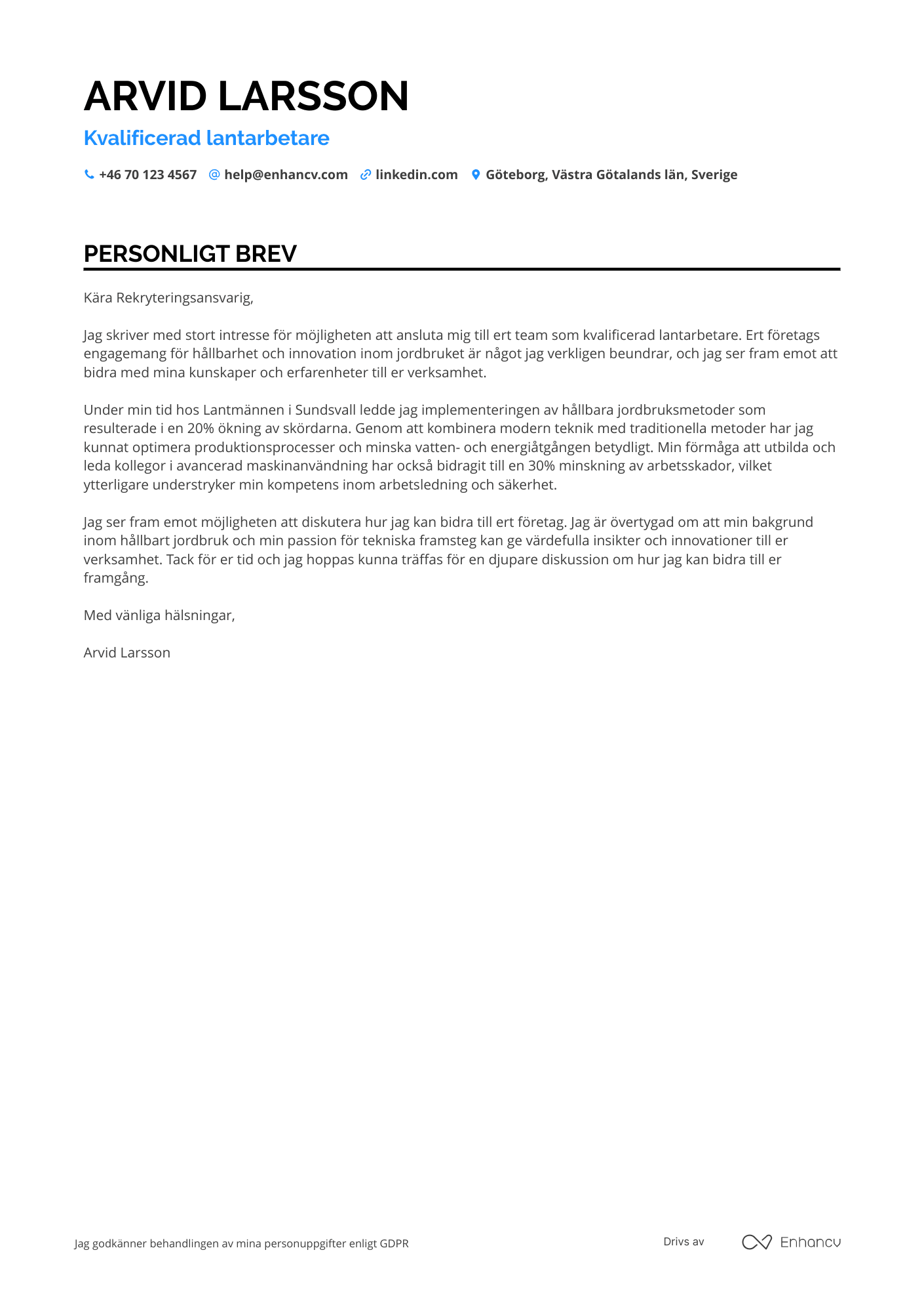 Personligt brev för Kvalificerad lantarbetare Resume Example