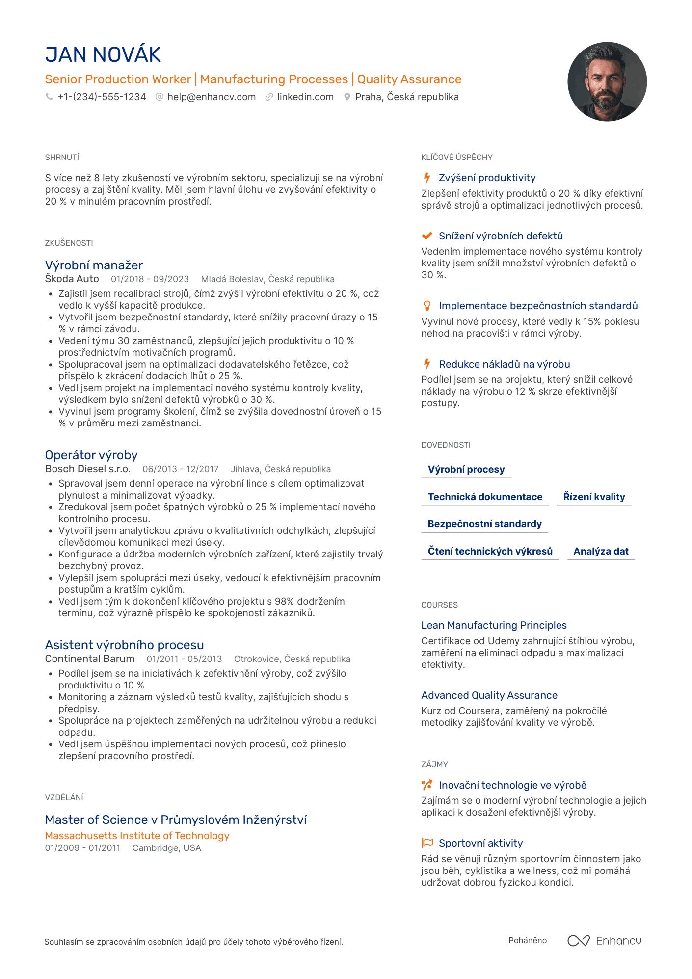 Životopis pro Zkušený dělník výroby Resume Example