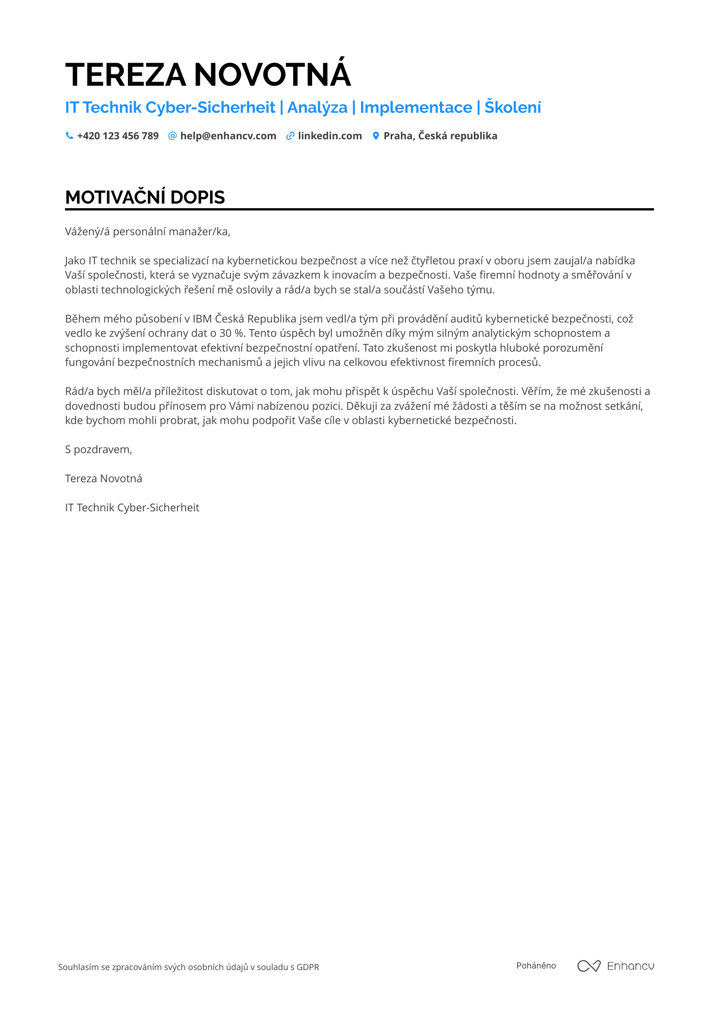 Motivační dopis pro IT Technik Cyber Sicherheit Resume Example