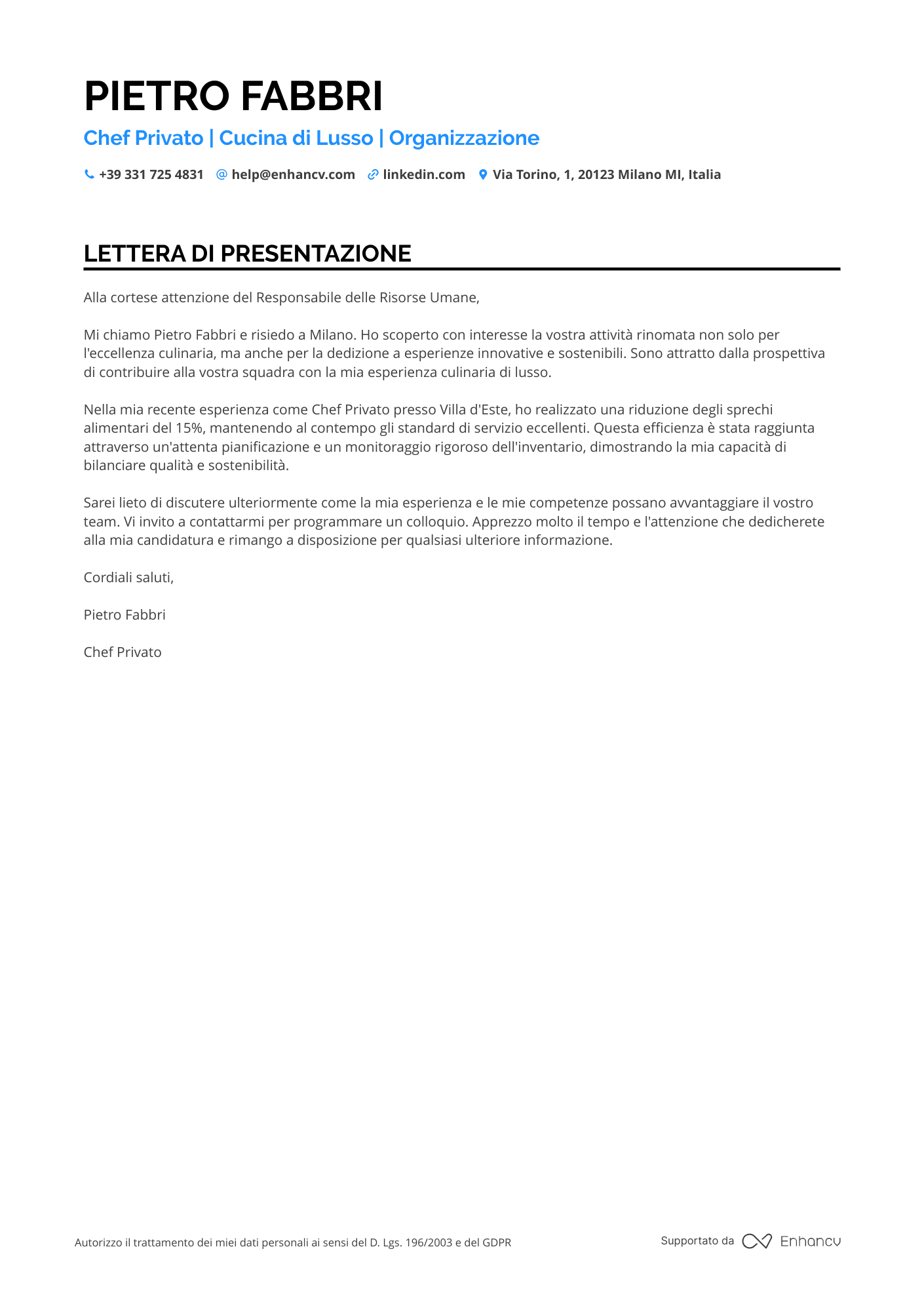 Chef Privato Resume Example