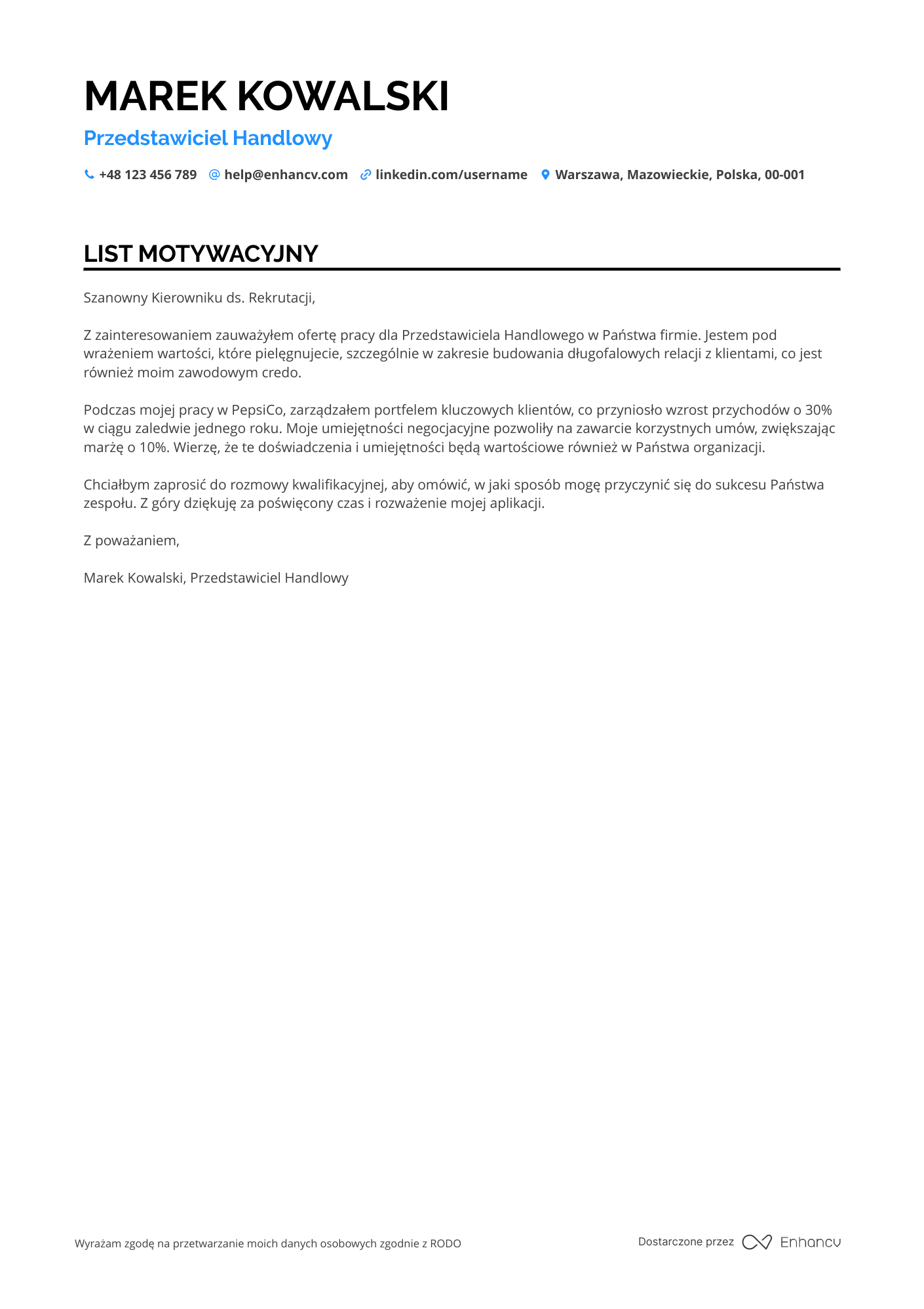 List motywacyjny dla Przedstawiciel Handlowy ds. Kluczowych Klientów Resume Example