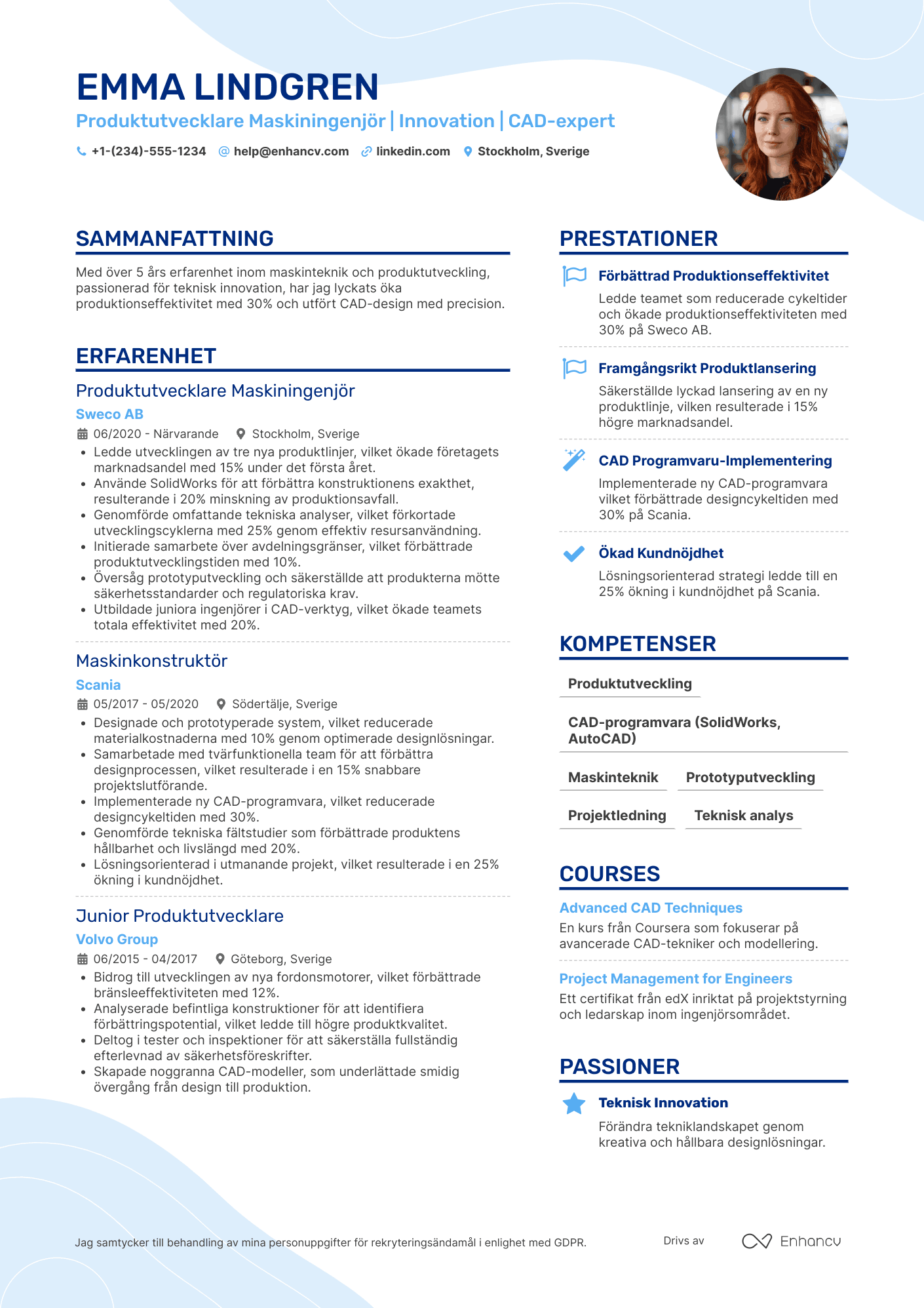 CV för Produktutvecklare Maskiningenjör Resume Example