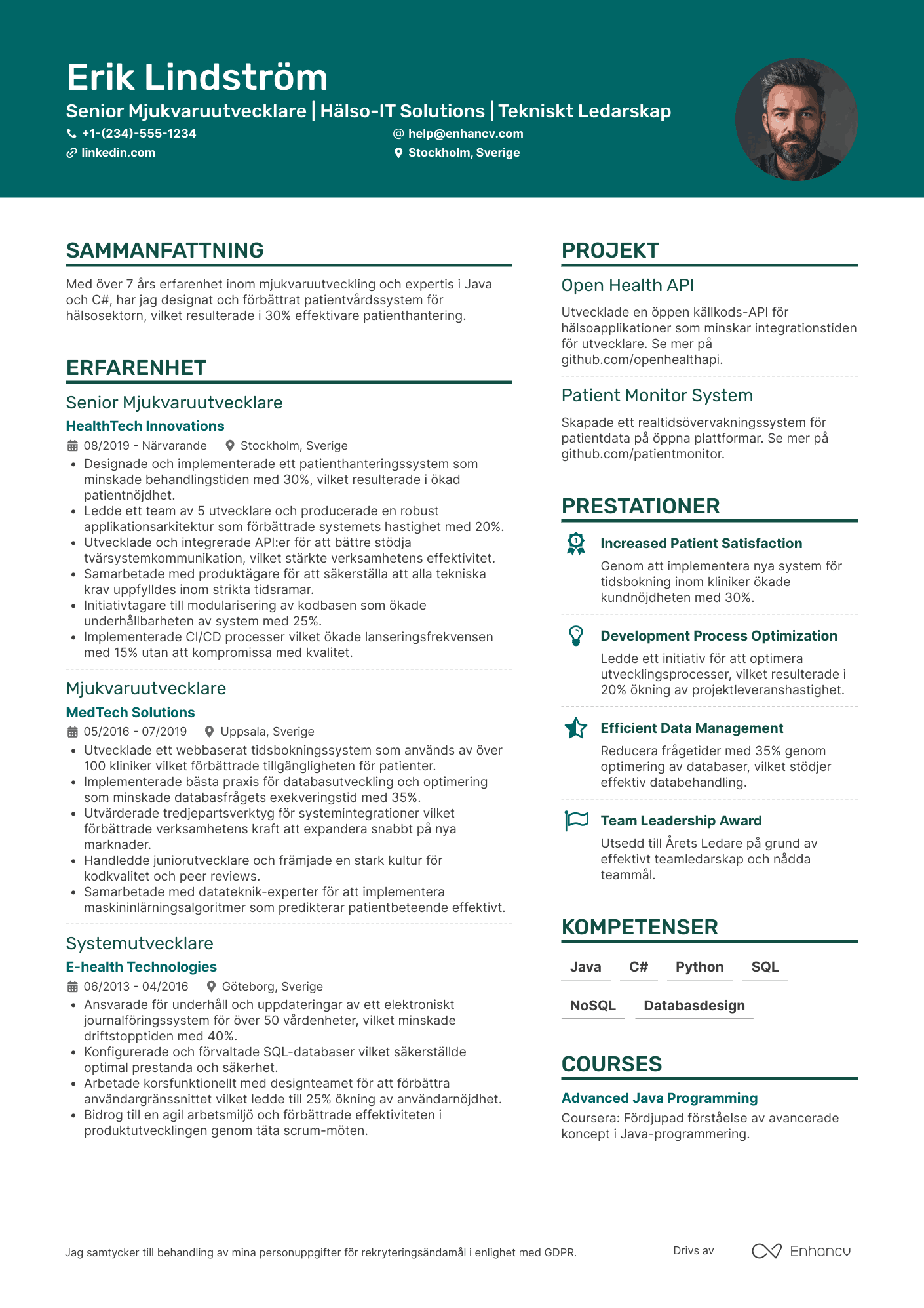 CV för Mjukvaruutvecklare Hälsosektor Resume Example