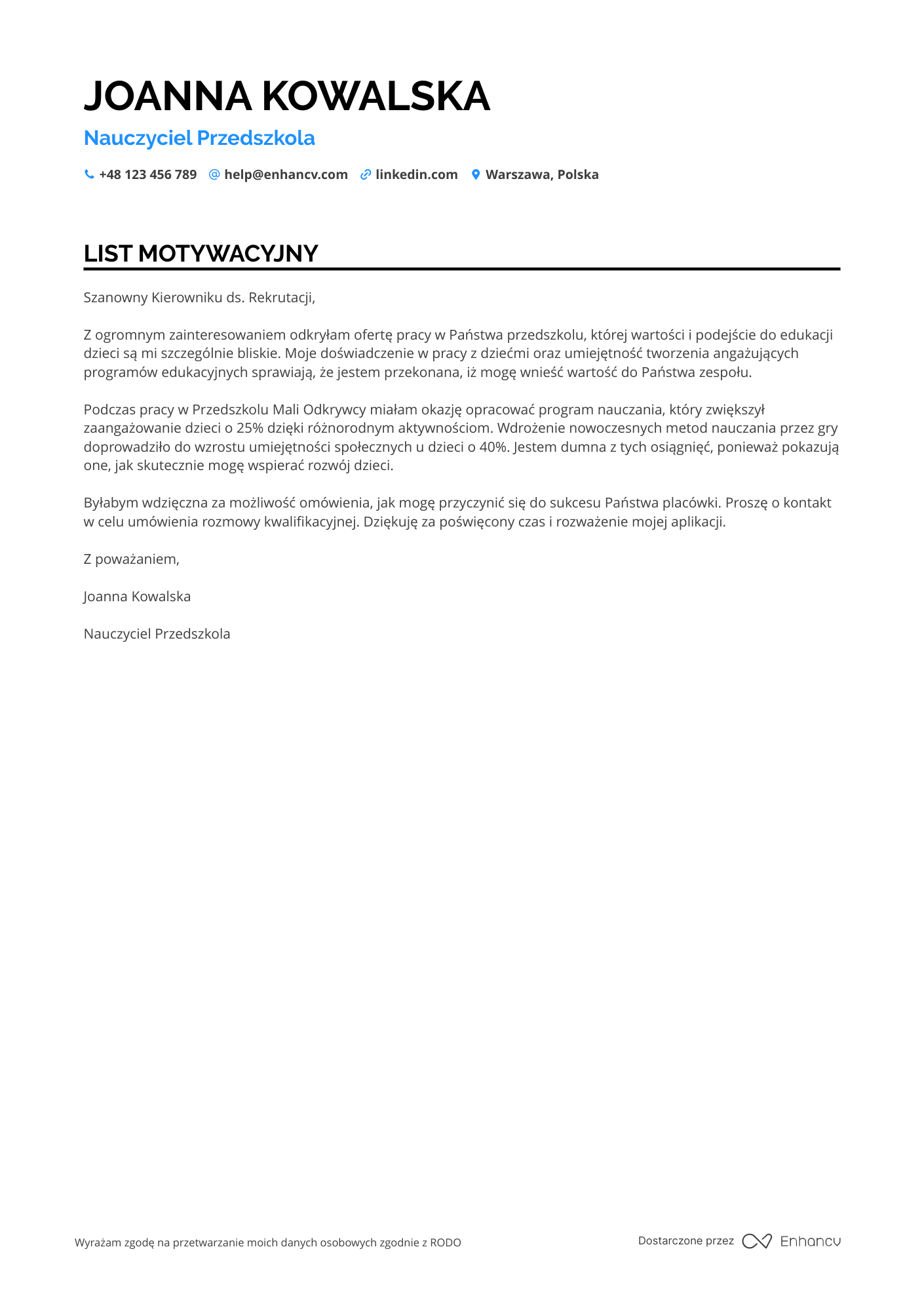 List motywacyjny dla Nauczyciel Przedszkola Certyfikowany Resume Example