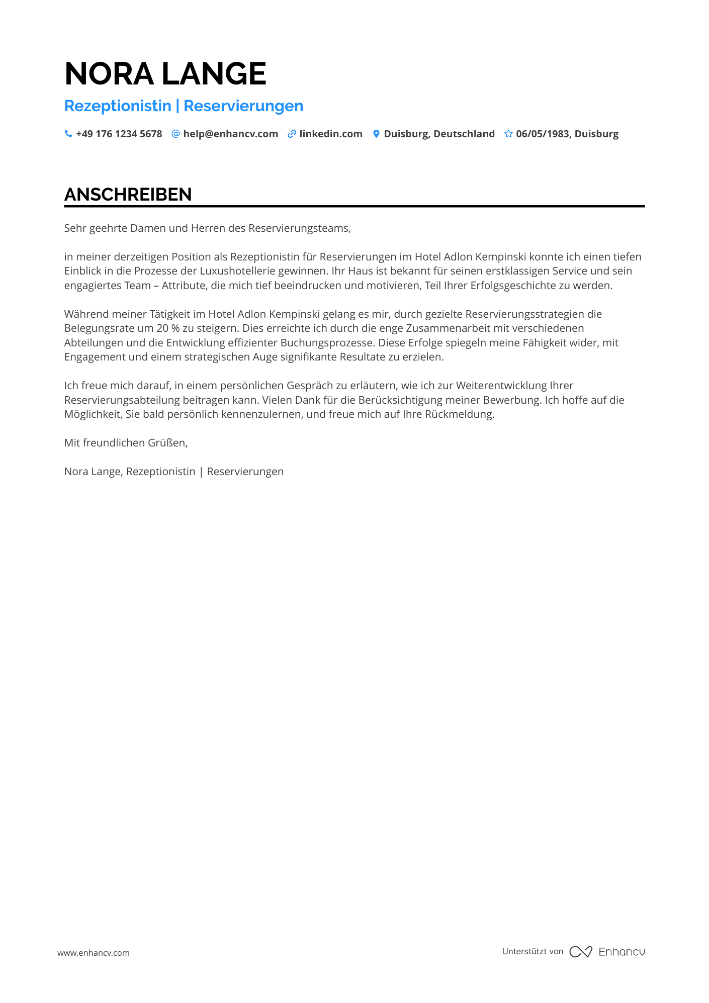 Rezeptionistin für Reservierungen Resume Example