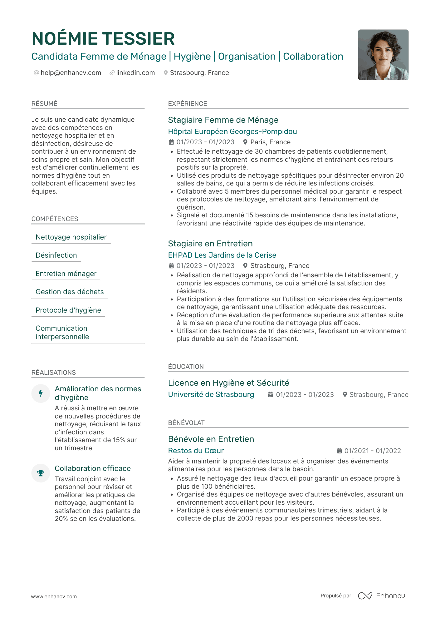 Femme de ménage en milieu hospitalier Resume Example