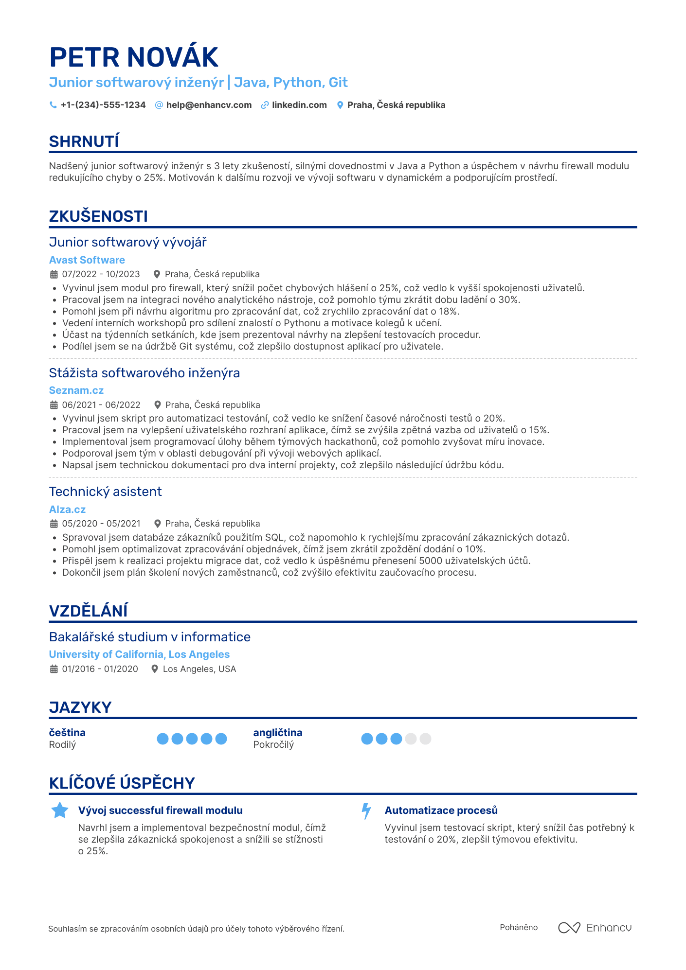 Životopis pro Junior softwarový inženýr Resume Example