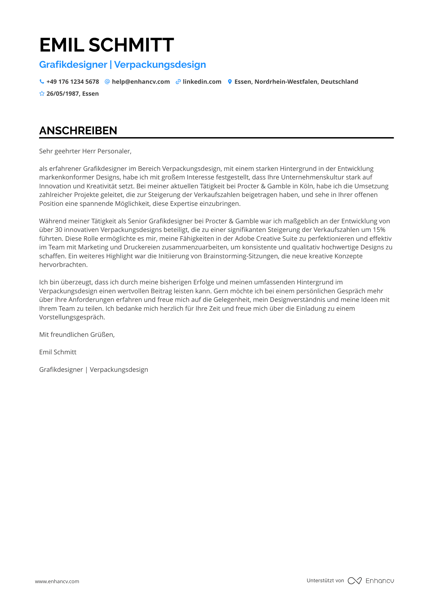 Grafikdesigner für Verpackungsdesign Resume Example