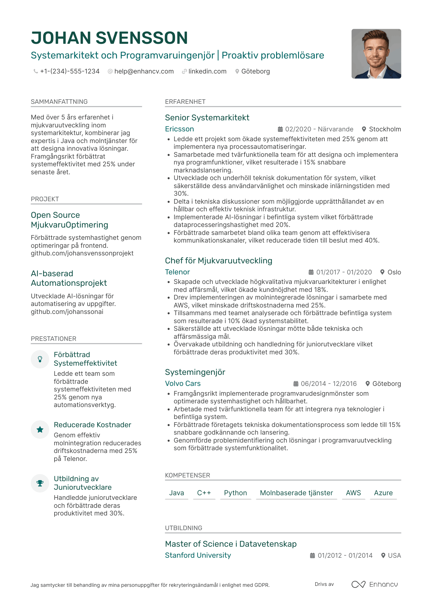 CV för Systemarkitekt och Programvaruingenjör Resume Example