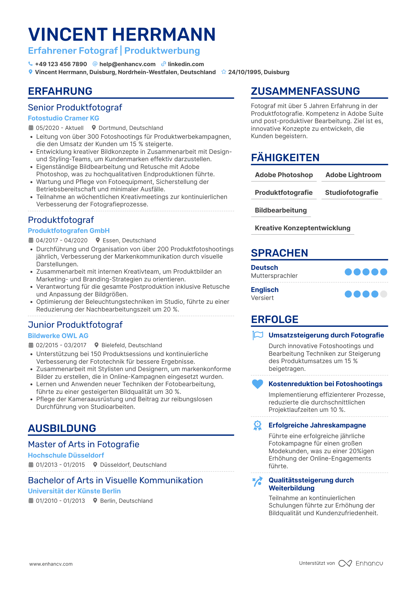Lebenslauf als Erfahrener Fotograf für Produktwerbung Resume Example
