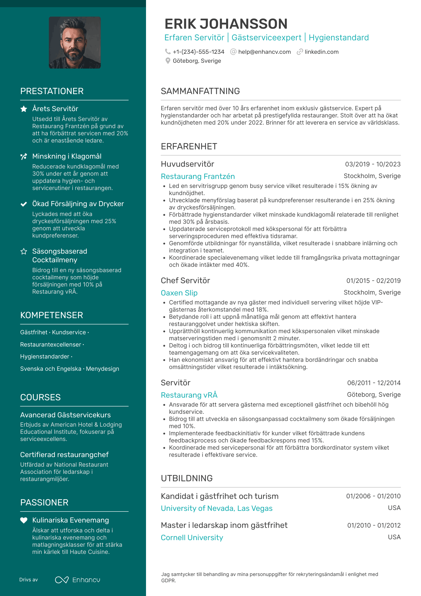 CV för Exclusive Servitris Resume Example