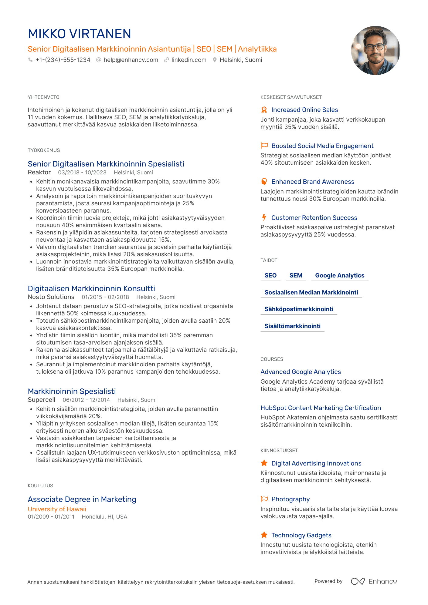Ansioluettelo Senior digitaalisen markkinoinnin asiantuntija Resume Example