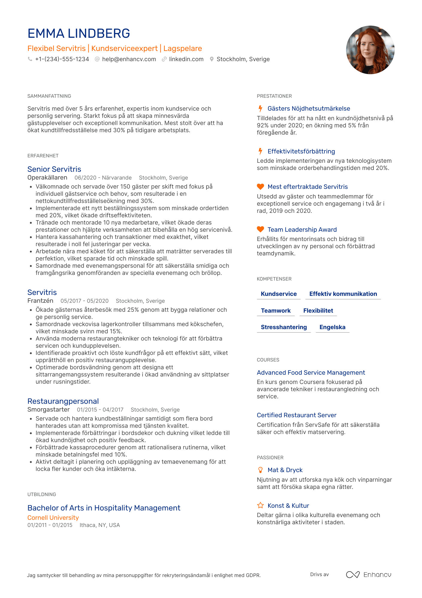 CV för Flexibel Servitris Resume Example