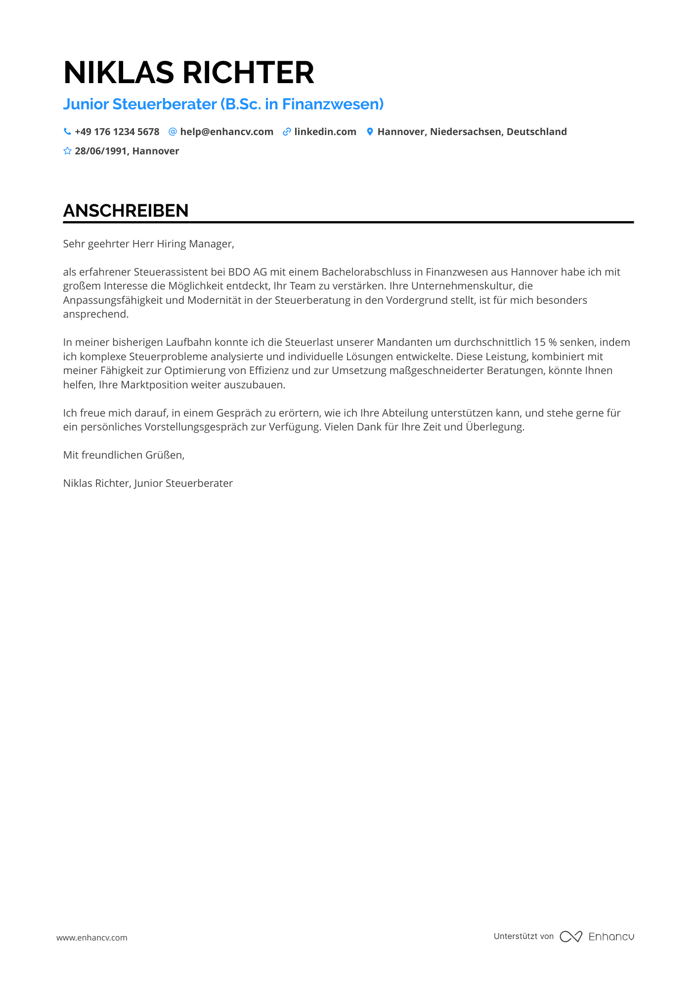 Junior Steuerberater Resume Example