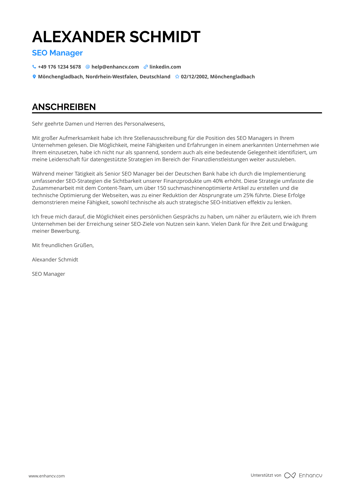 SEO Spezialist für die Finanzbranche Resume Example