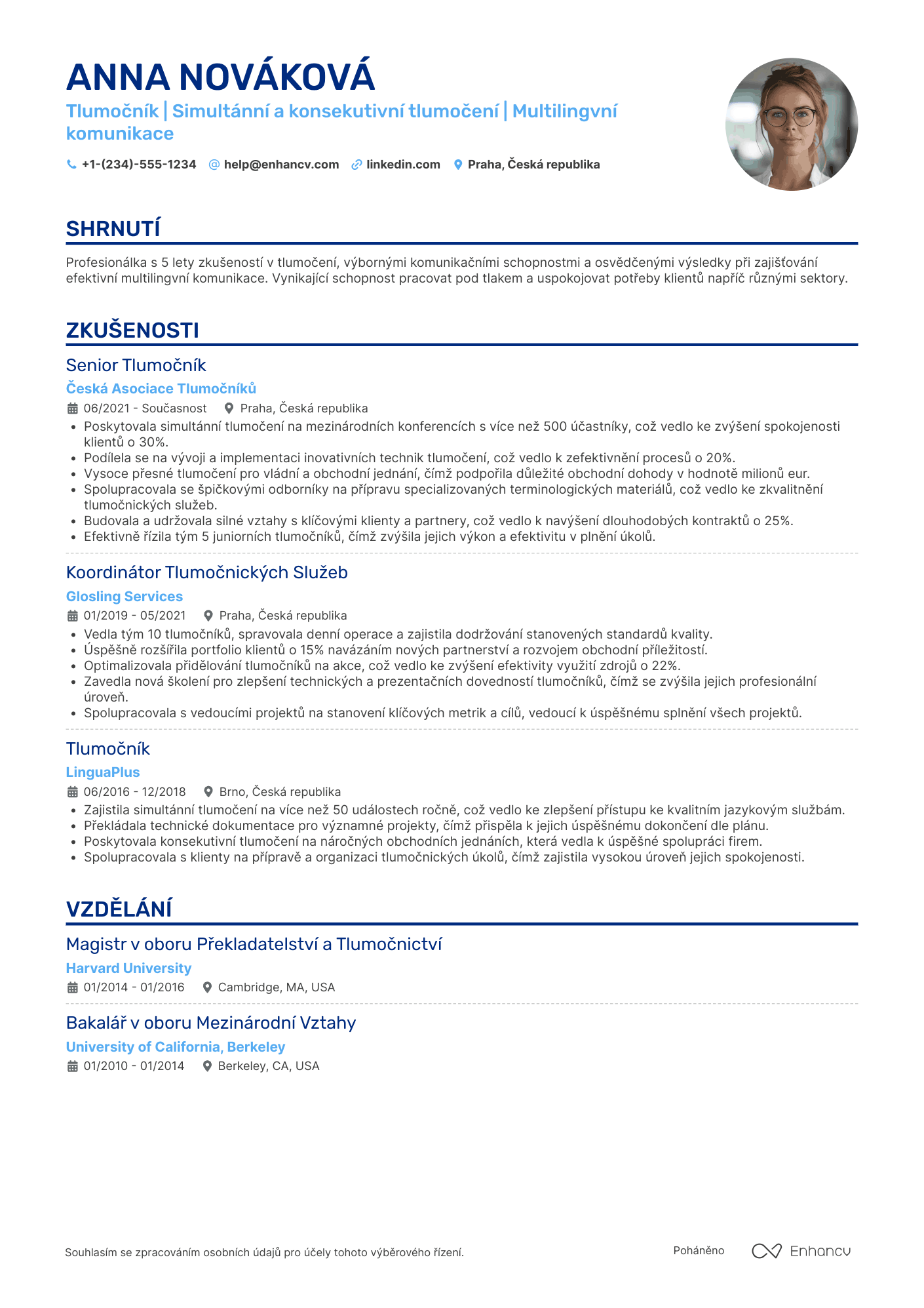 Životopis pro Tlumočník Resume Example