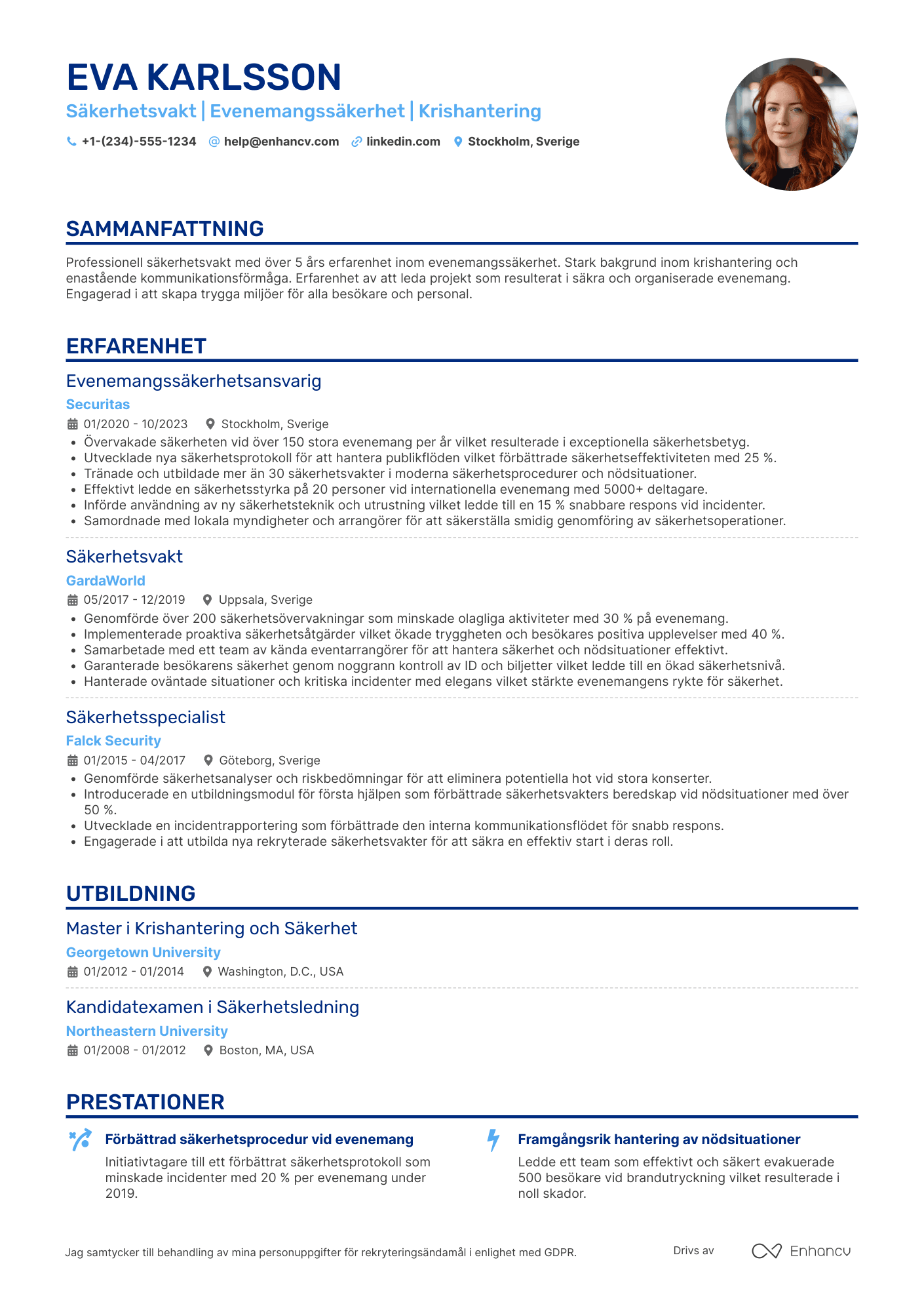 CV för Säkerhetsvakt för Evenemang Resume Example