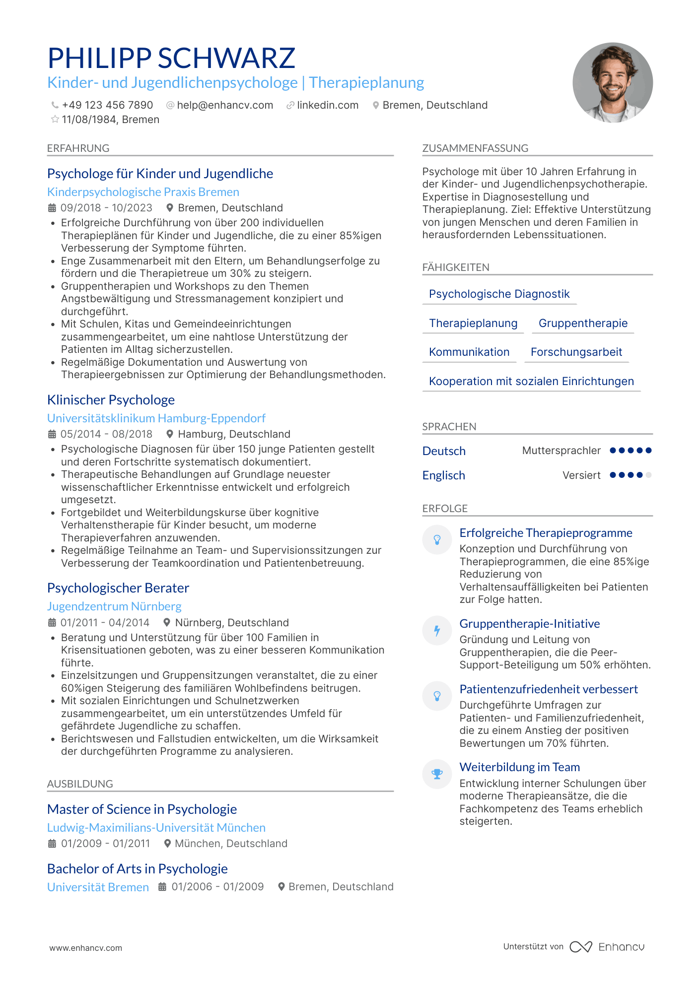 Lebenslauf als Psychologe mit Spezialisierung auf Kinder und Jugendliche Resume Example