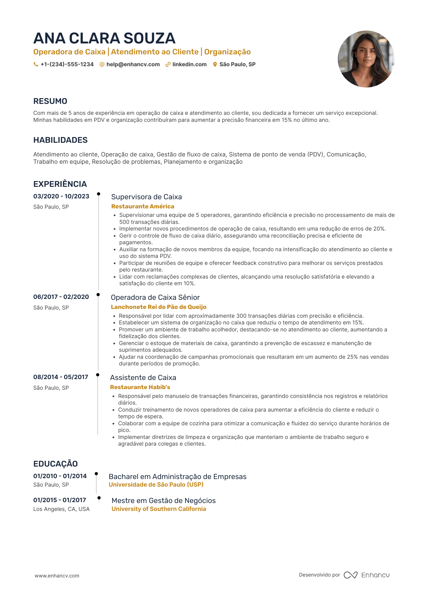 Operador de Caixa de Restaurante ou Lanchonete Resume Example