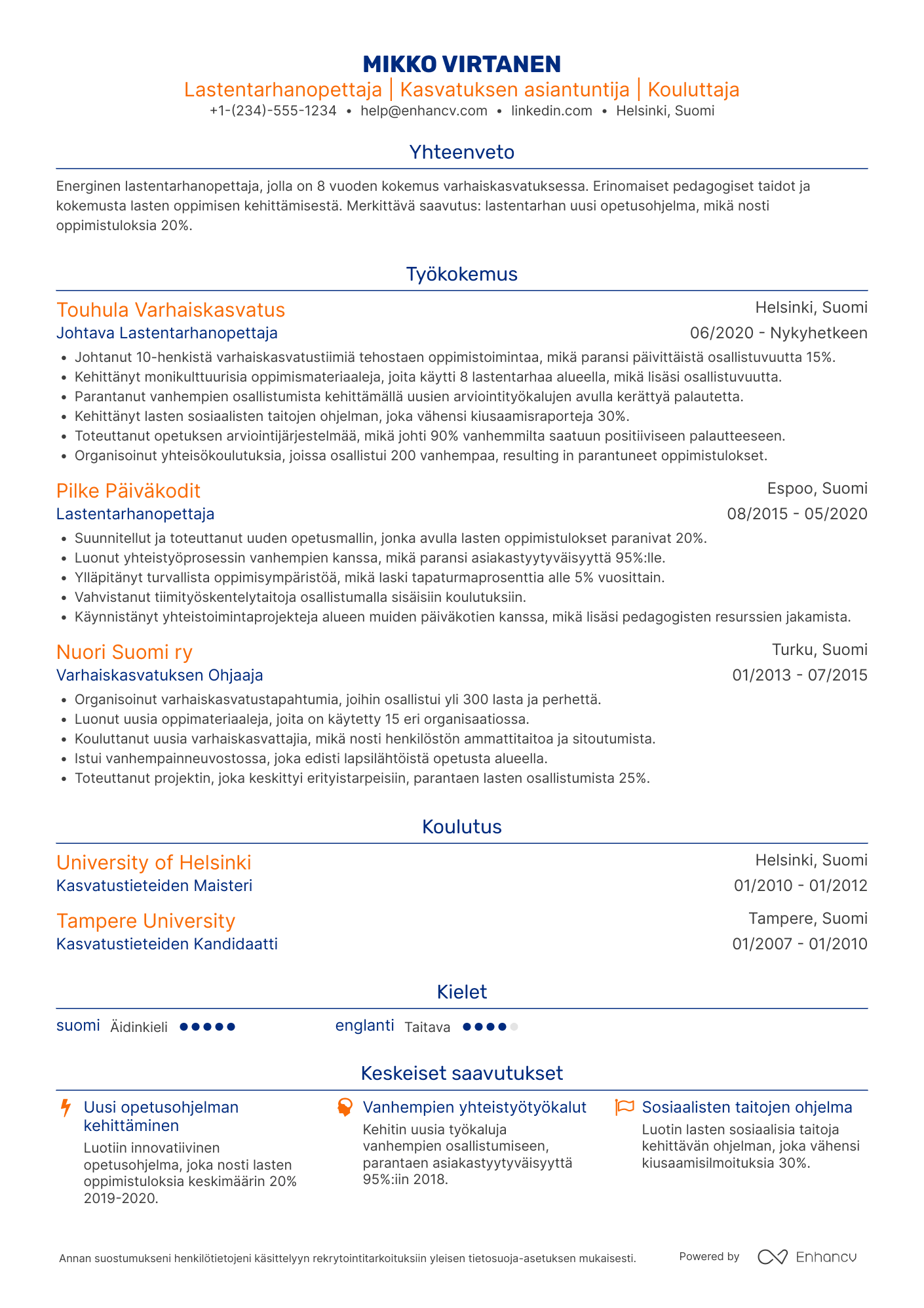 Ansioluettelo Kunnan lastentarhanopettaja Resume Example