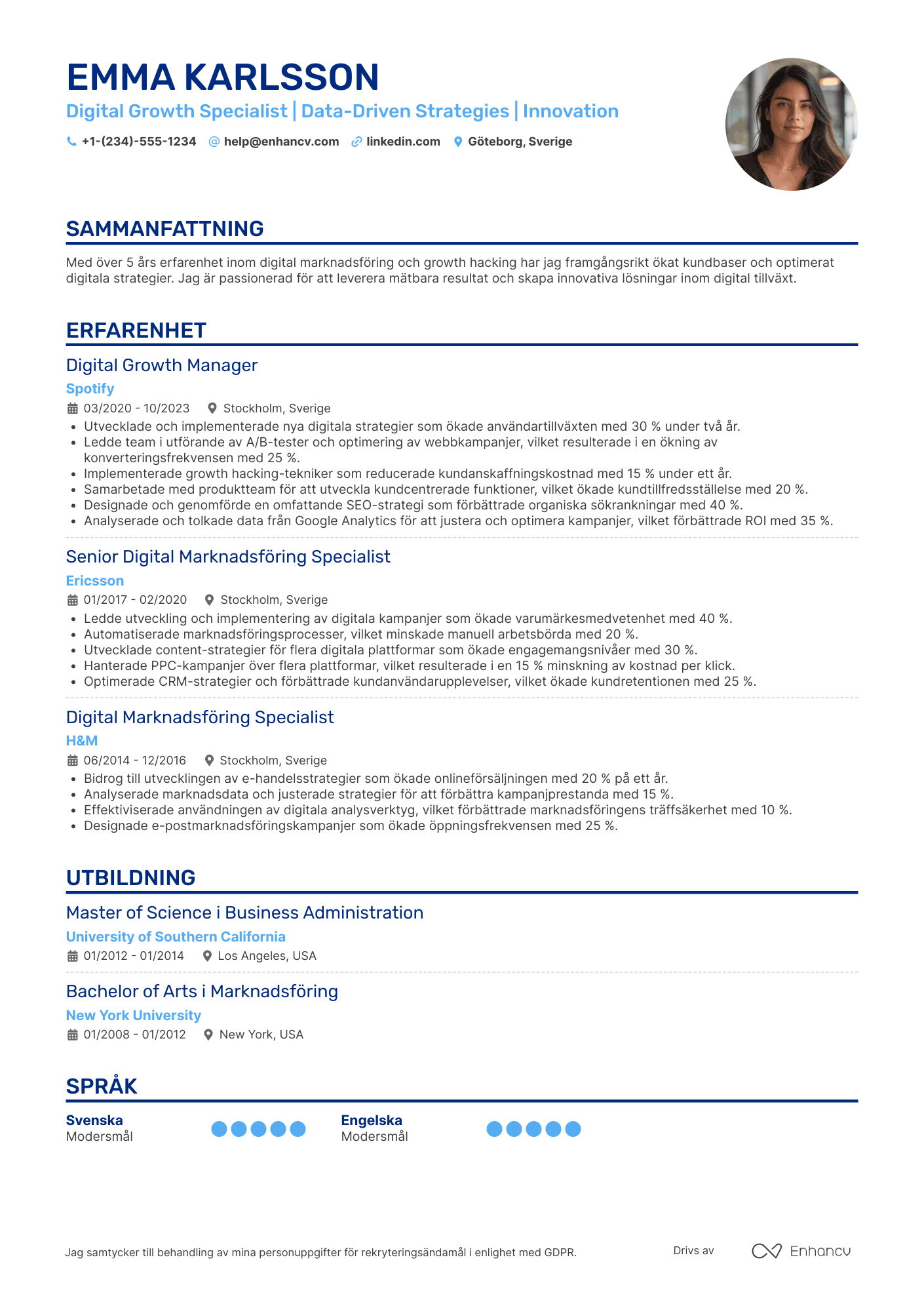 CV för Digital Growth Hacker Resume Example