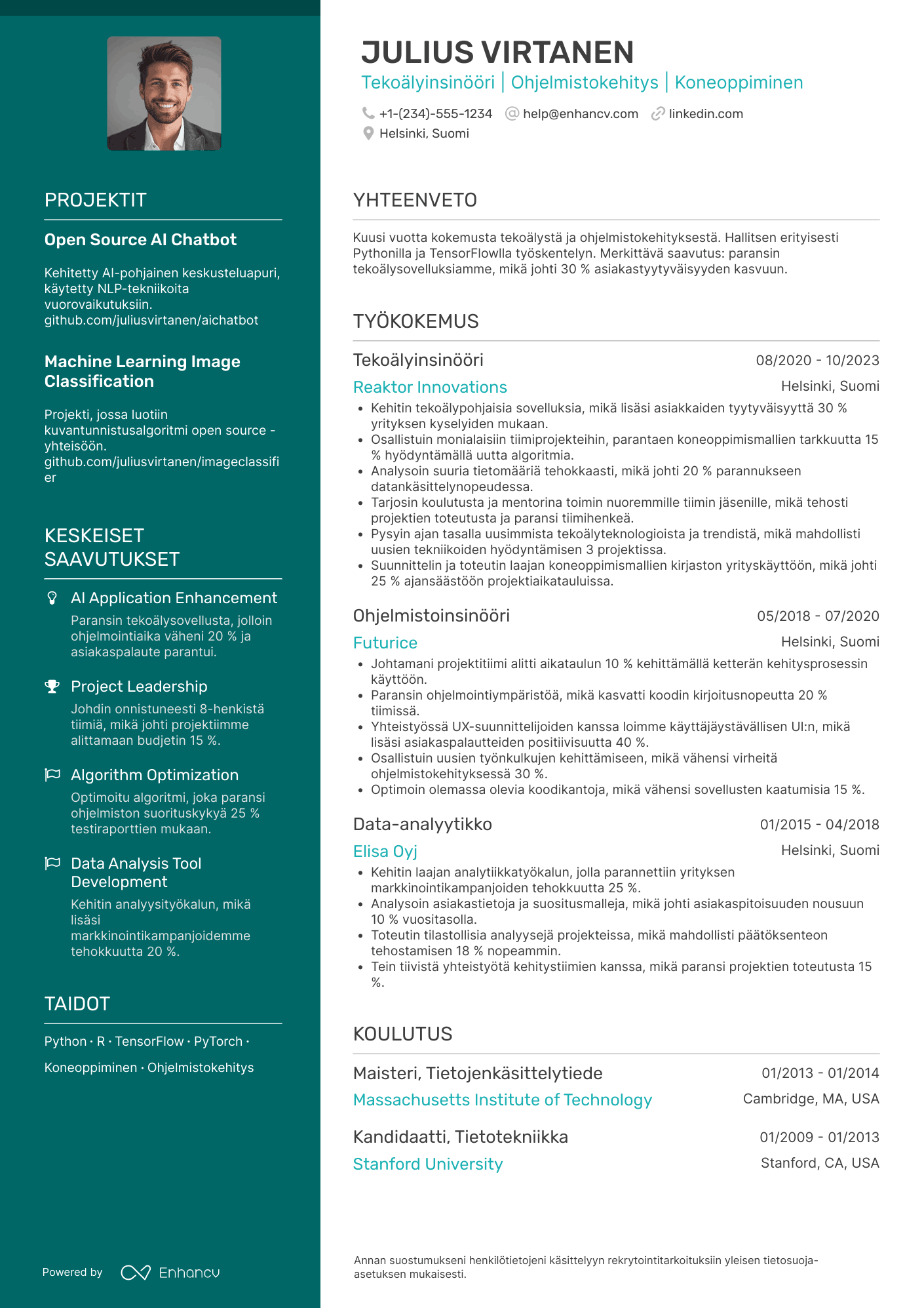 Ansioluettelo Tekoälyinsinööri ohjelmistoinsinööri Resume Example