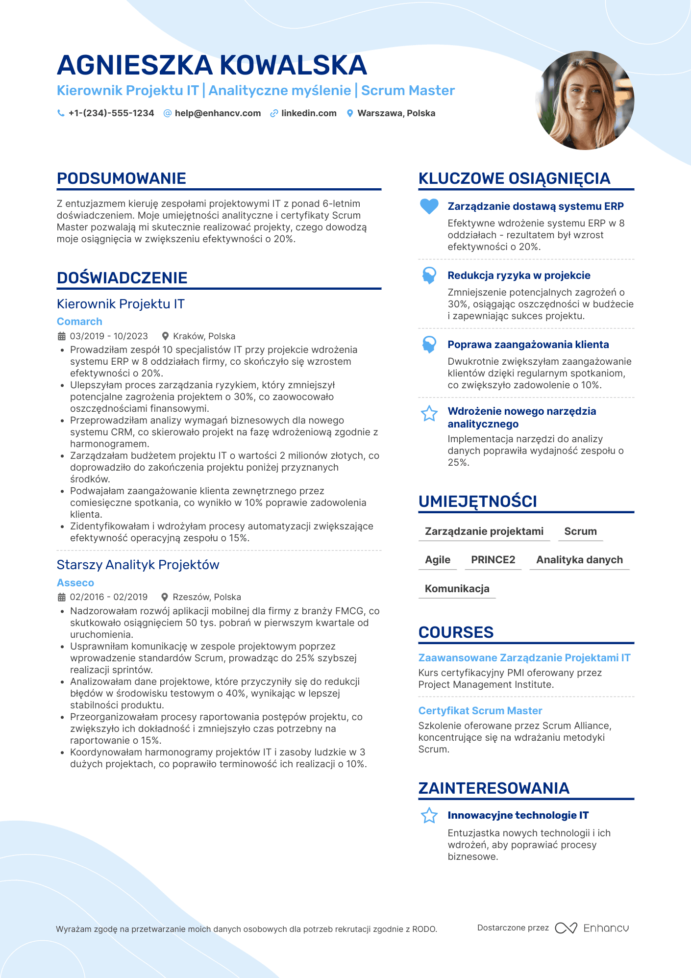 CV dla Kierownik Projektu IT Resume Example