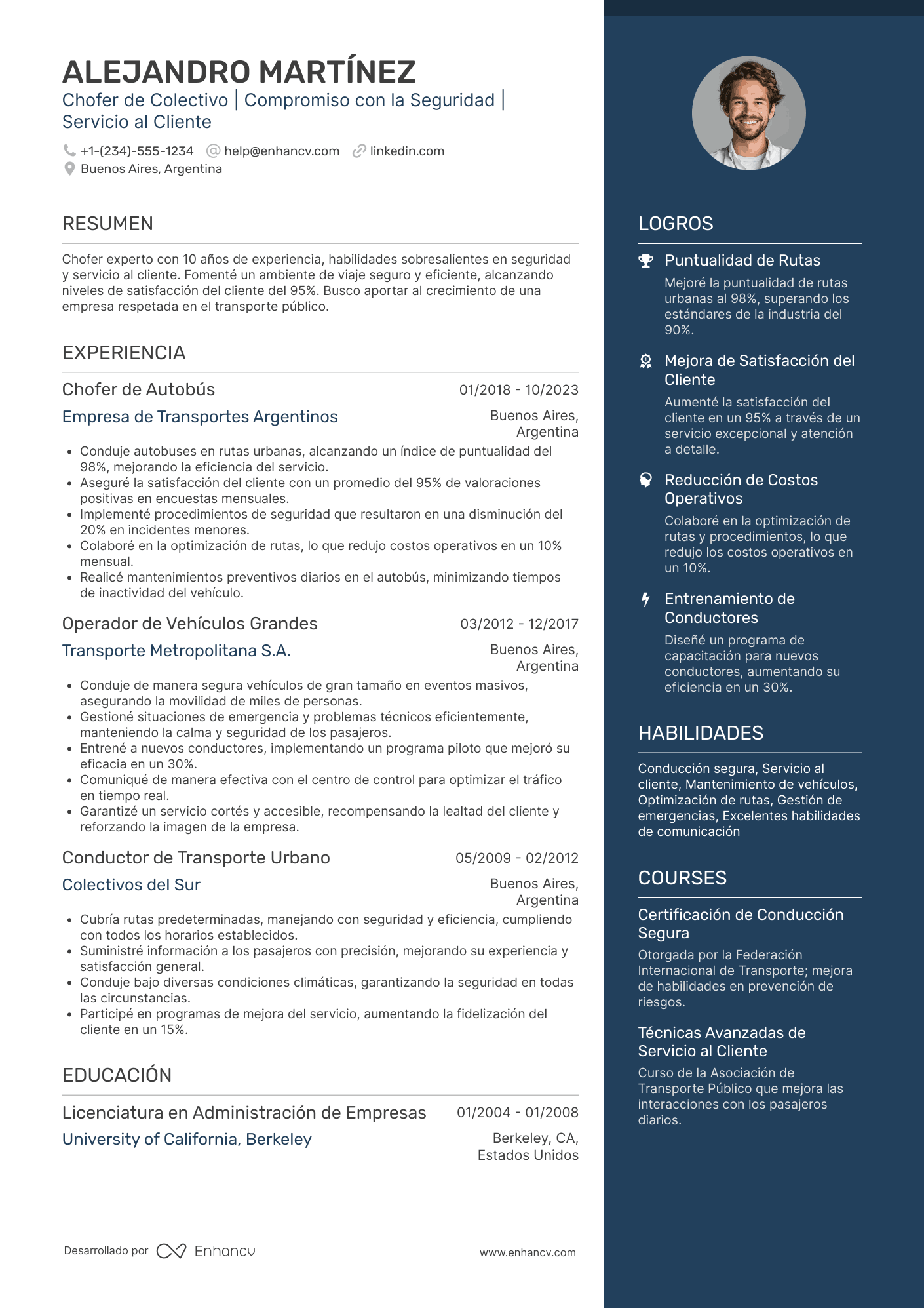 Ejemplo de CV para chofer de colectivo o autobús Resume Example