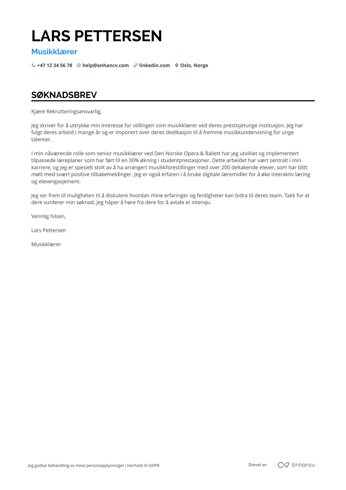 Søknadsbrev for Musiklærer Resume Example