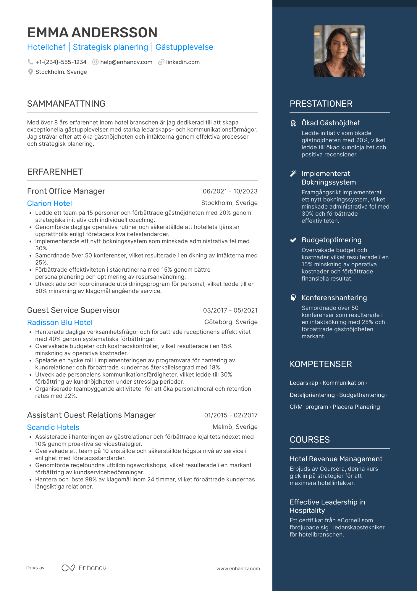 CV för Hotellchef service Resume Example