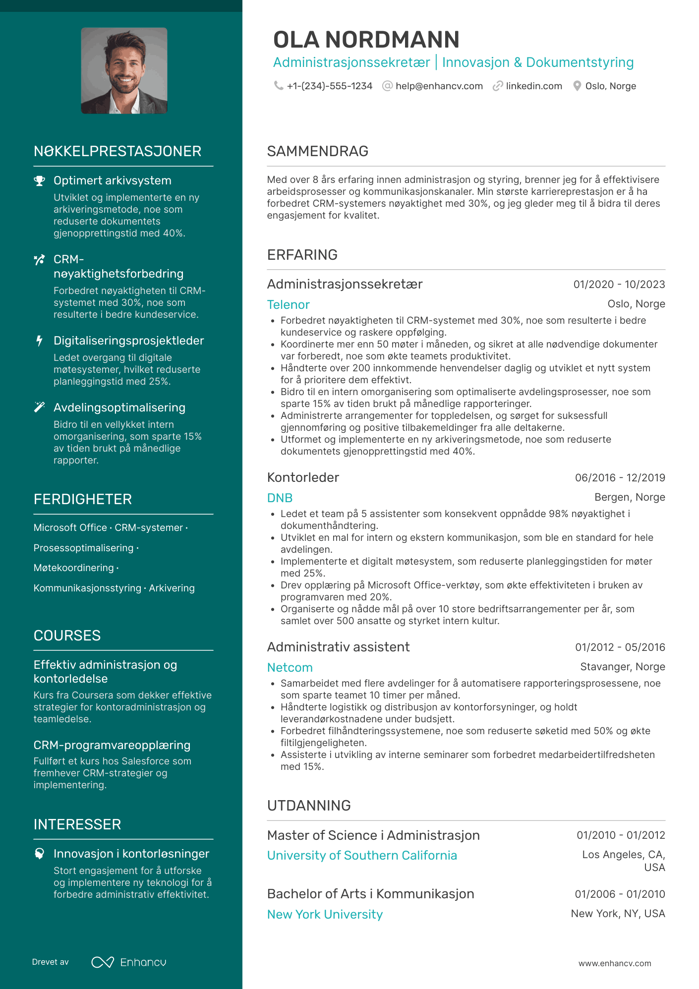 CV for Administrasjonssekretær Resume Example