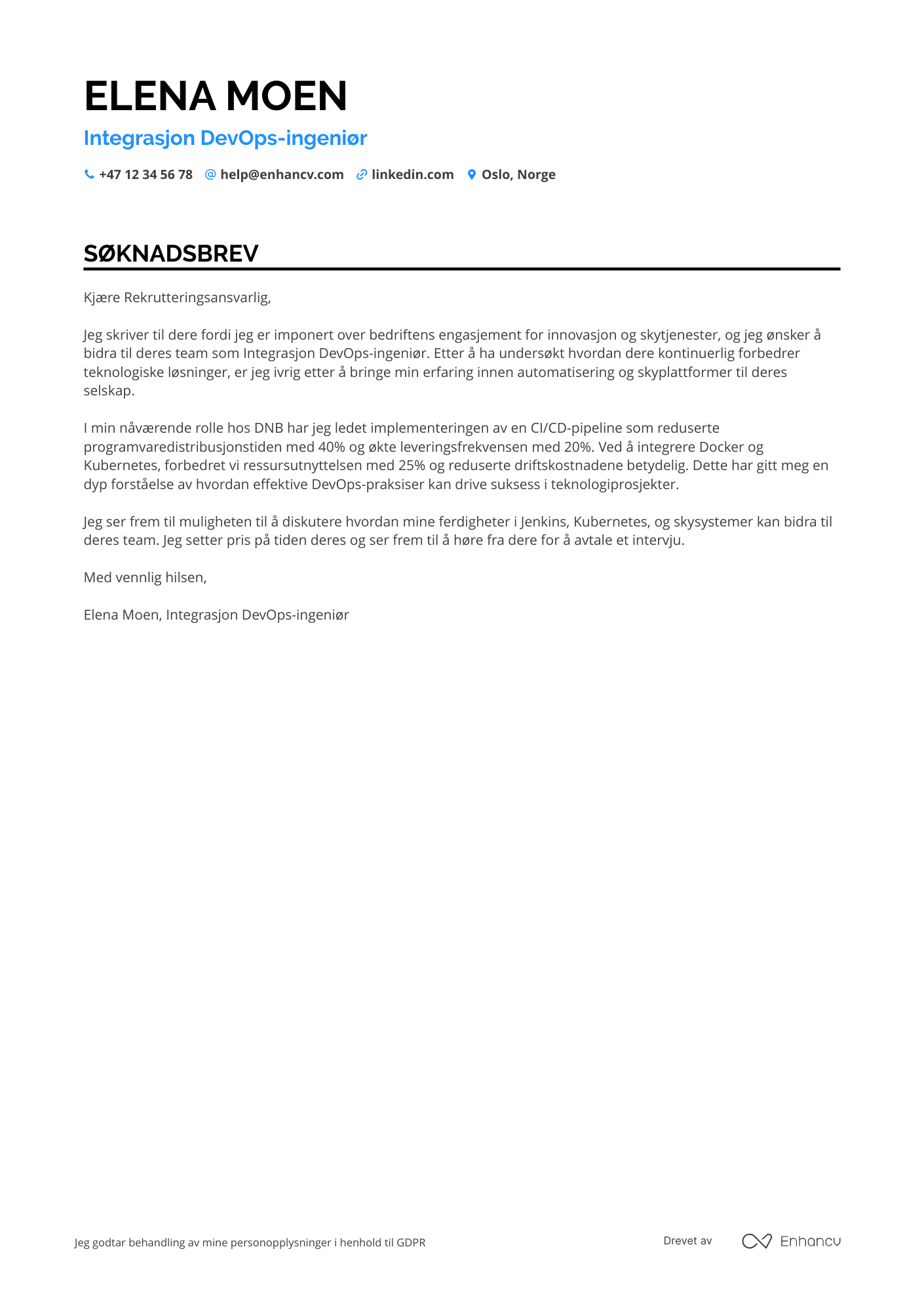 Søknadsbrev for Integrasjon DevOps ingeniør Resume Example
