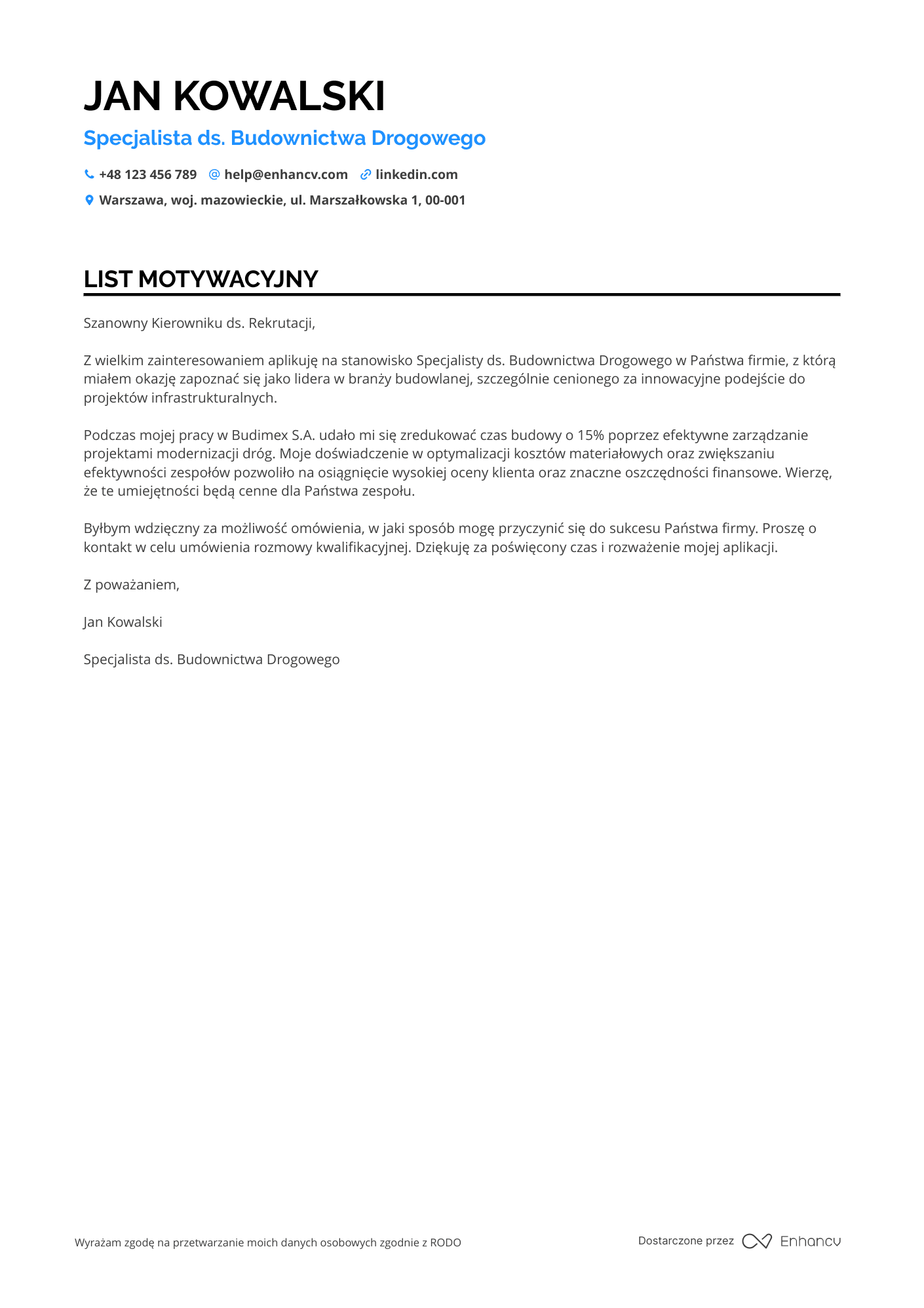 List motywacyjny dla Pracownik Budowlany Infrastruktury Drogowej Resume Example