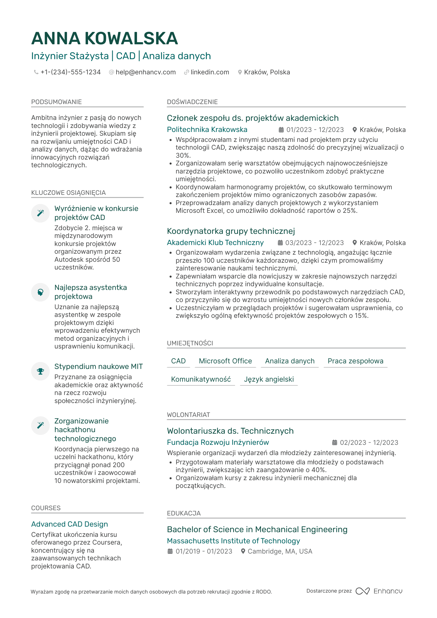 CV dla Inżynier Stażysta Resume Example