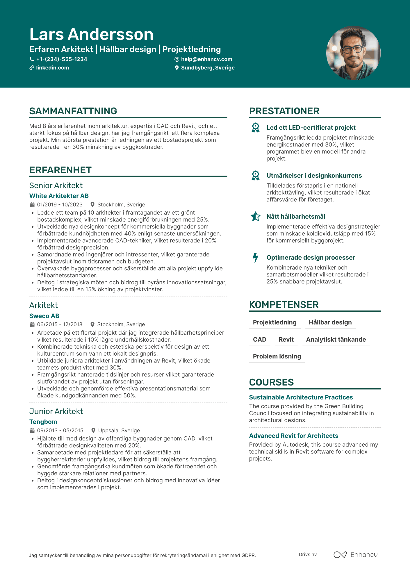 CV för Erfaren Arkitekt Resume Example