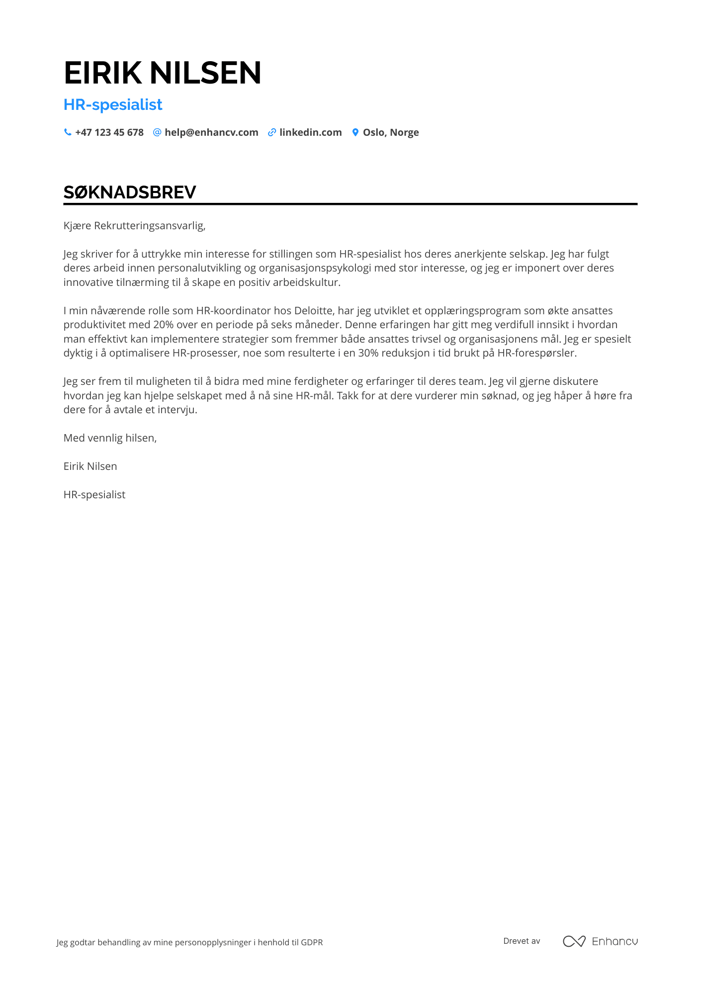 Søknadsbrev for Nyutdannede HR spesialist i offentlig sektor Resume Example