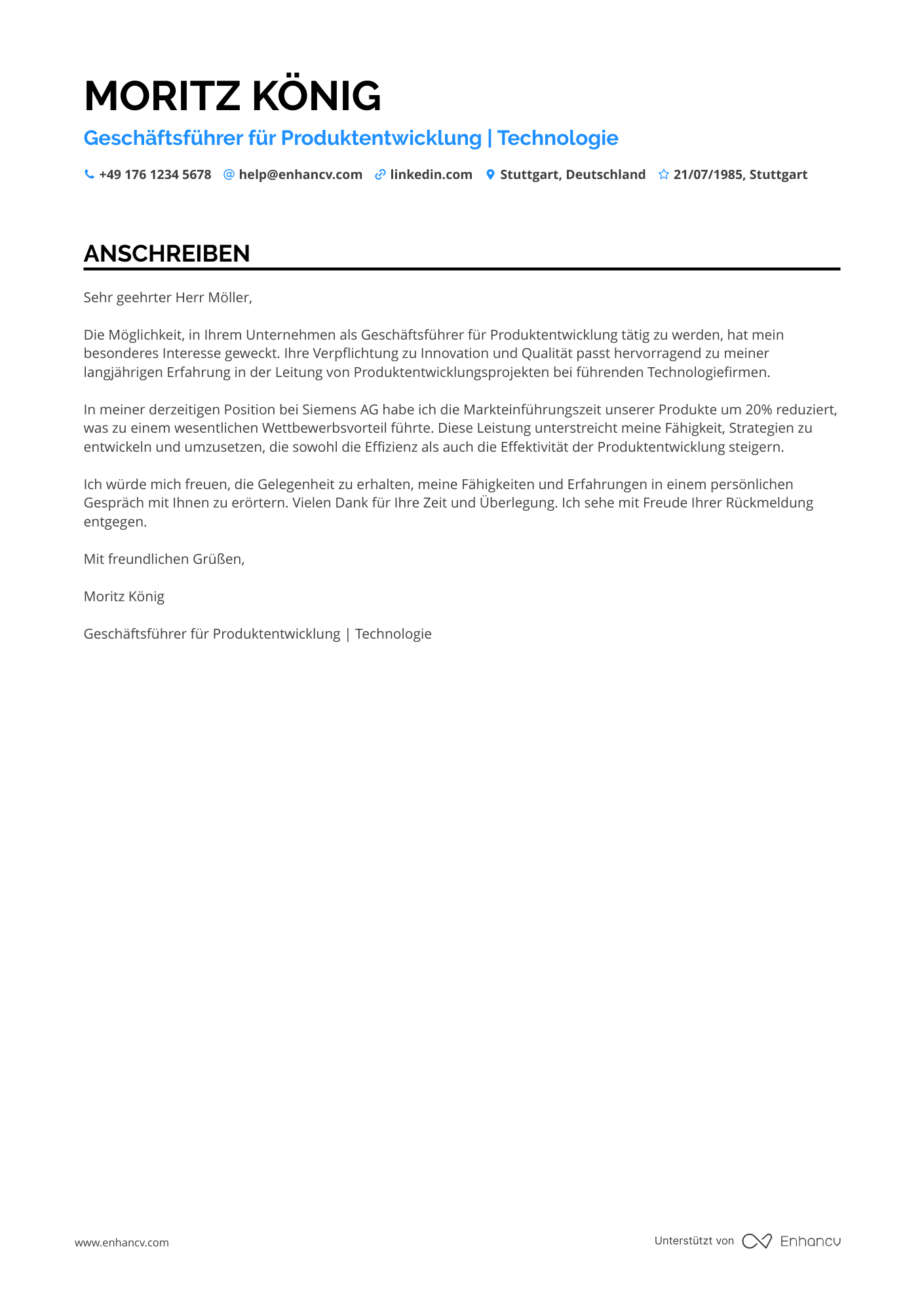 Geschäftsführer für Produktentwicklung Resume Example