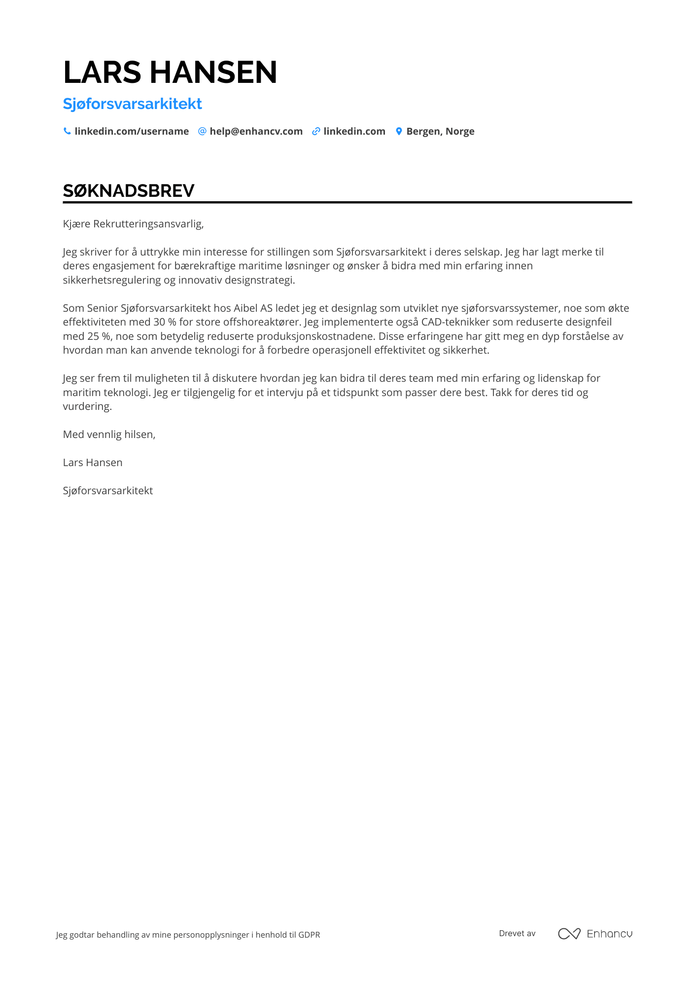 Søknadsbrev for Sjøforsvarsarkitekt i Offshorenæringen Resume Example