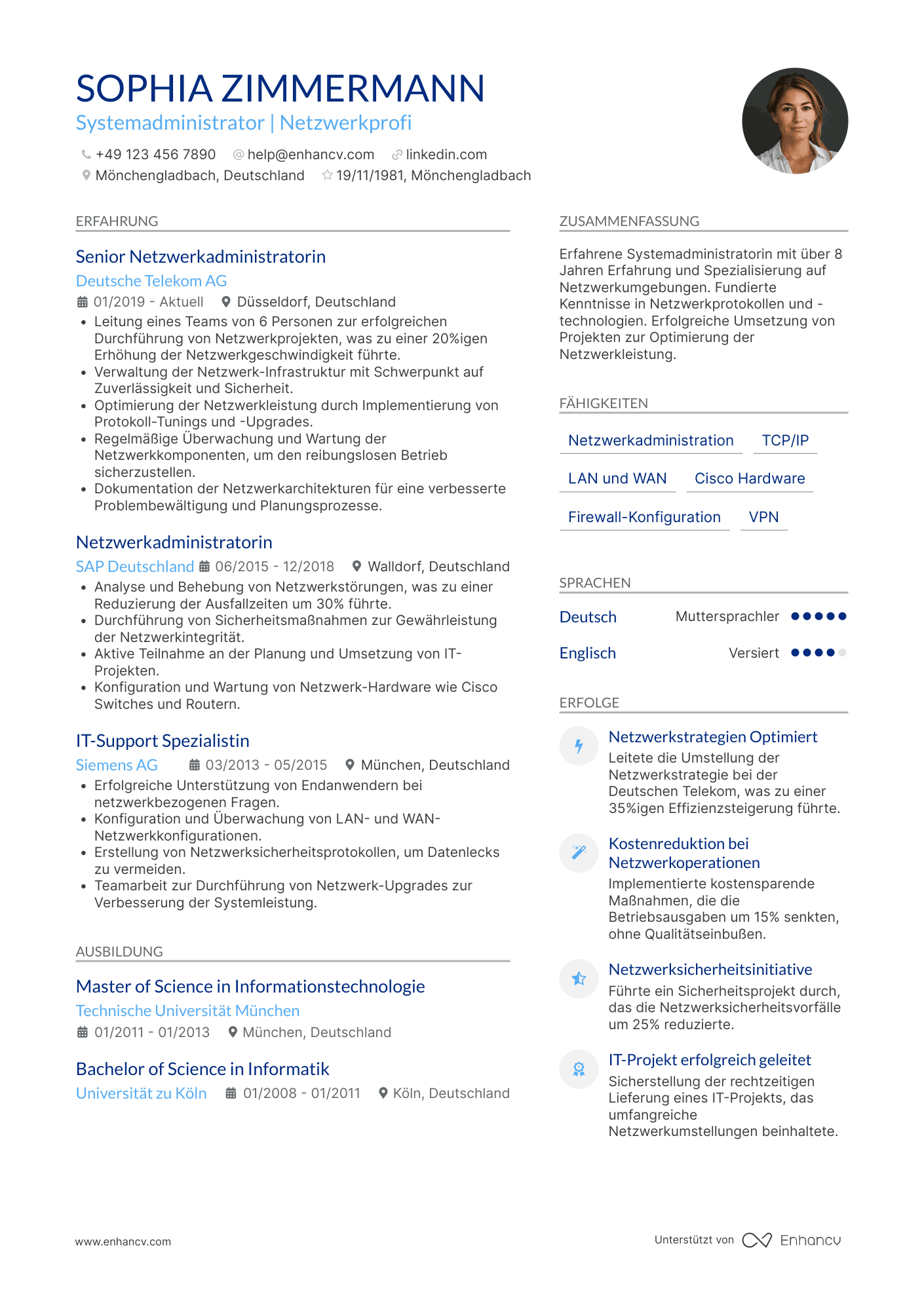 Lebenslauf als Systemadministrator mit Schwerpunkt Netzwerke Resume Example