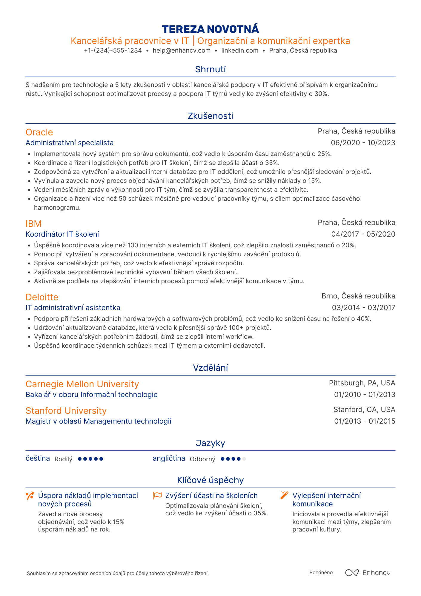 Životopis pro Kancelářský pracovník v IT Resume Example