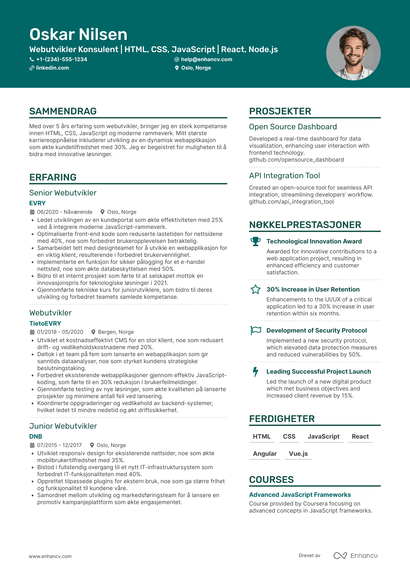 CV for Webutvikler Konsulent Resume Example