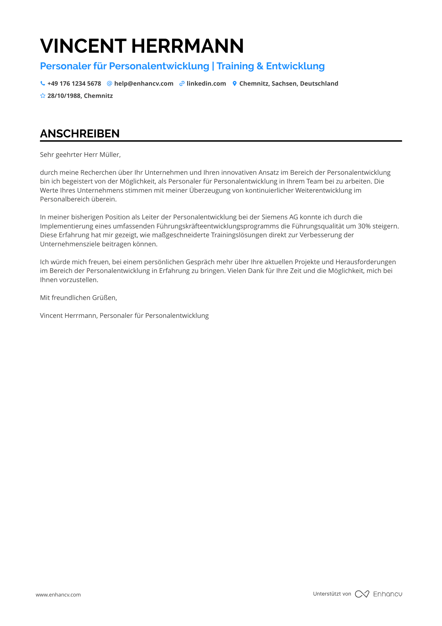 Personaler für Personalentwicklung Resume Example