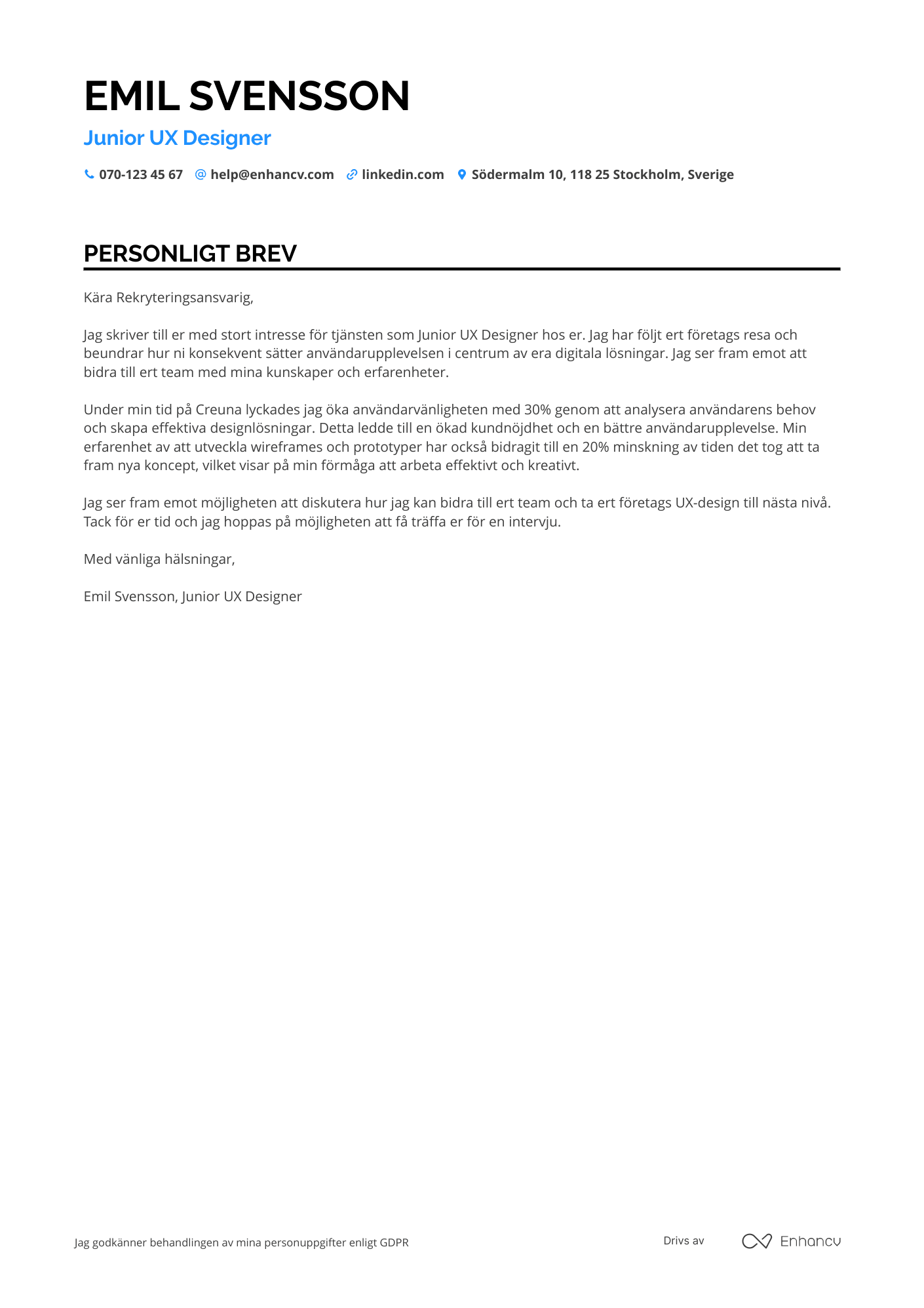 Personligt brev för Junior UX design Resume Example