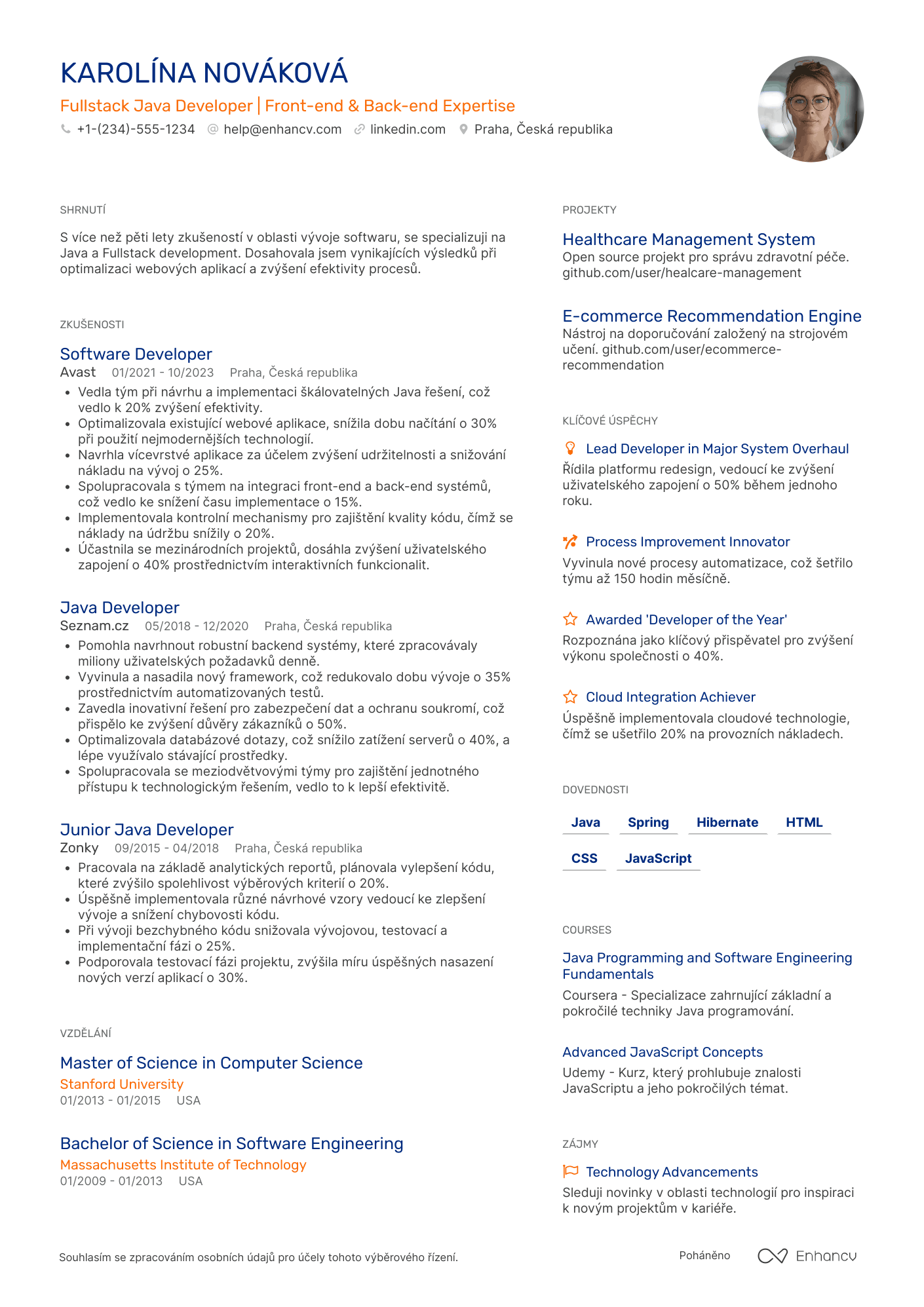 Životopis pro Fullstack Java vývojář Resume Example